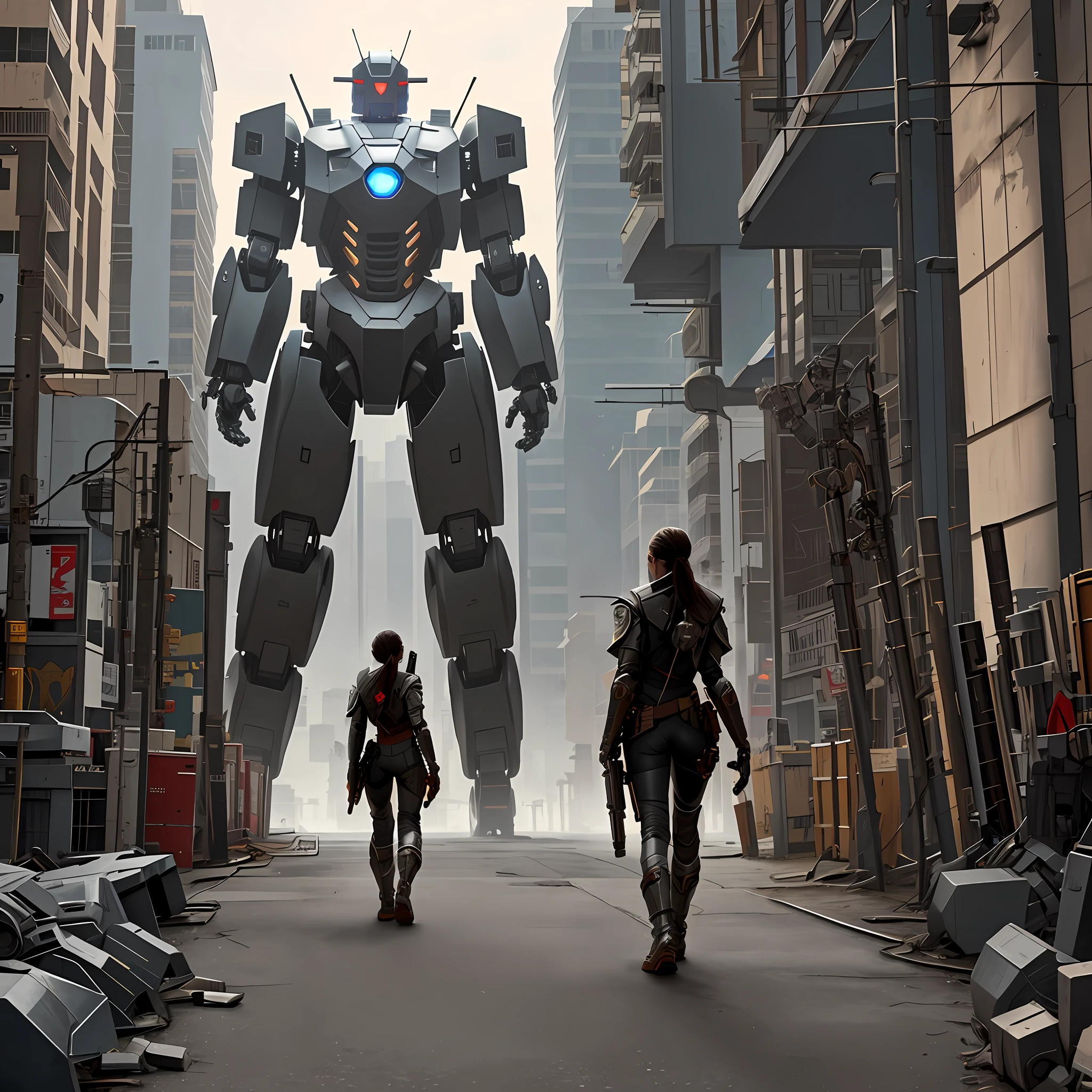 A huge robot stands in the middle of the frame, With a weapon in his hand, A girl stands under the feet of this robot, Wearing mechs, Gun in hand