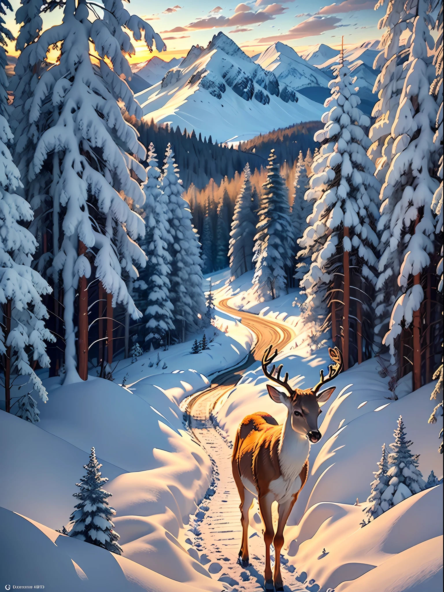 Masterpiece, best quality CG unified 8k wallpaper (with a deer in the center, 1.5) gazes at the viewer, breathtaking winter landscape, covered in snow. (The path) winds into the distance, with evergreen and tall on one side, heavy snow pressing branches, and golden light can be seen in the distance (cloudy mountains).
