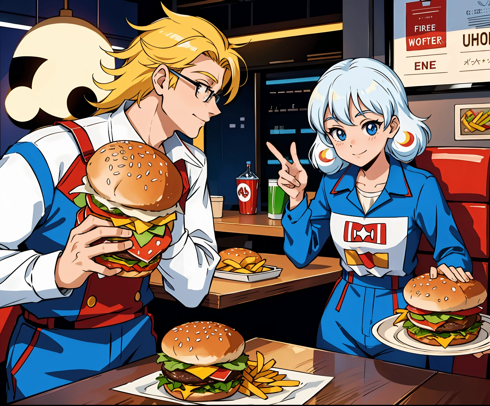 Hamburger, fries, glass of soda and Krustus the Clown