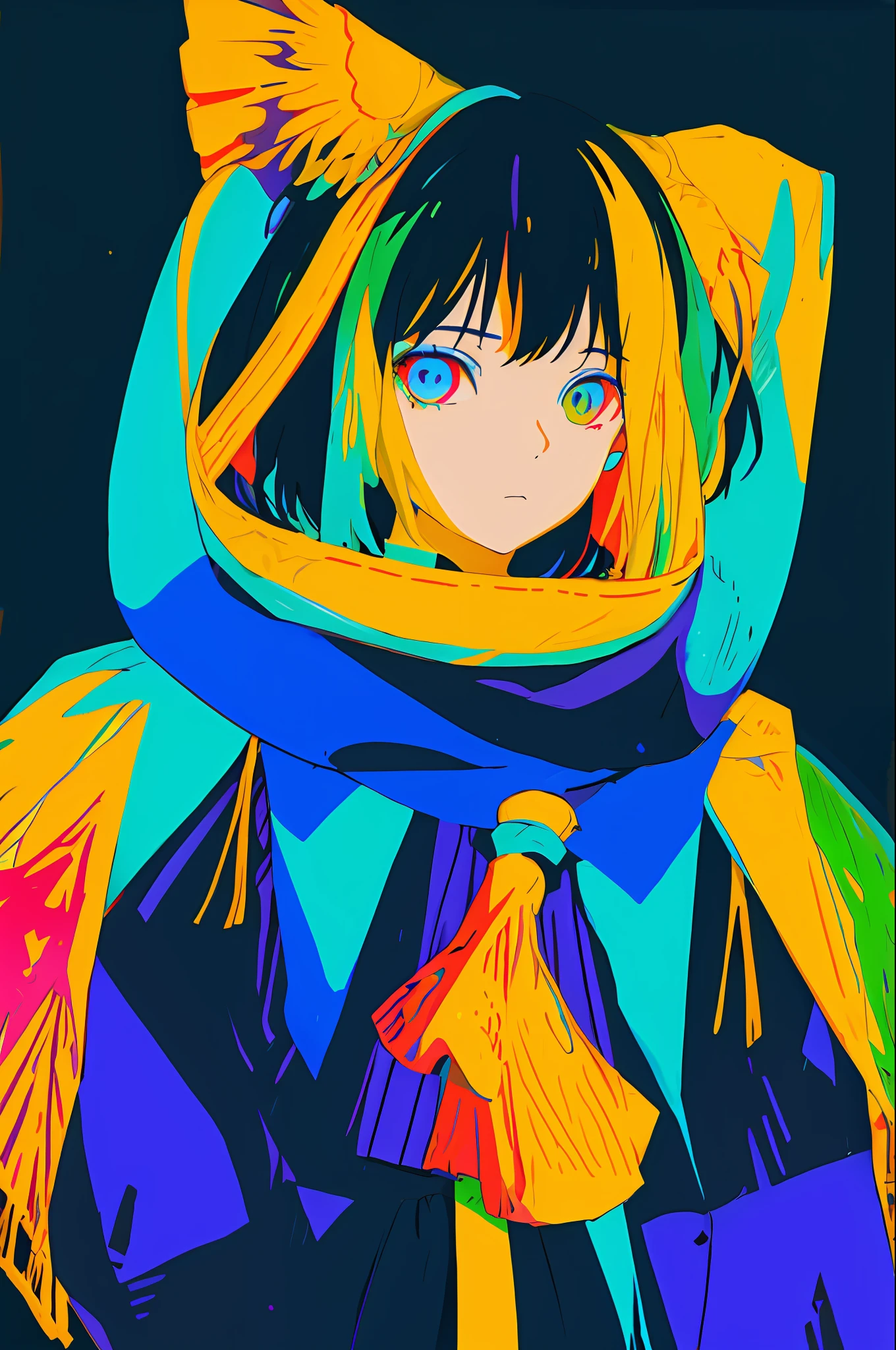 Polychrome, 1girl, night, dark, black hair, looking at viewer, upper body, facing viewer, limited palette, black background, glowing,