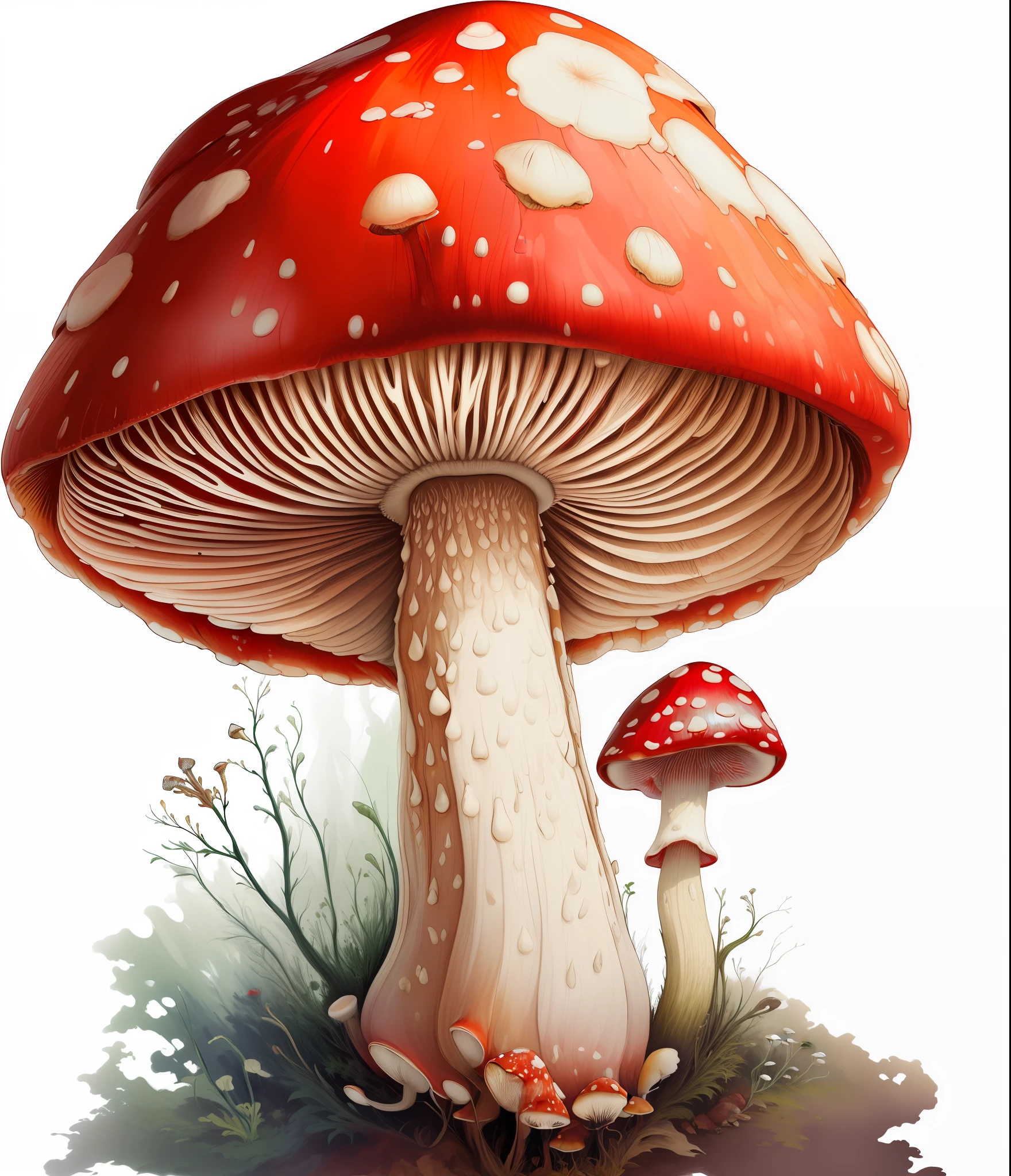 a painting of a mushroom with a red cap on it, magic mushroom, magic mushrooms, mushroom, mushrooms style and macro style, mushrooms grow from the body, trippy mushroom, mushrooms, amanita, toadstools, shrooms, amanita myscaria, mushroom cap, amanita muscaria, made of mushrooms, highly detailed illustration, dark mushroom