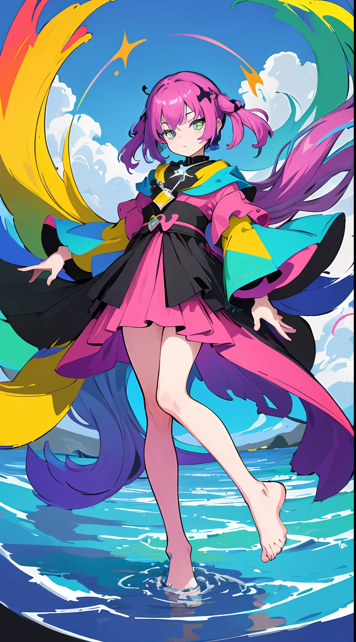 (flat color:1.1),(colorful:1.3),(masterpiece:1.2), best quality, masterpiece, highres, original, extremely detailed wallpaper, looking at viewer,1girl,solo,floating colorful water,