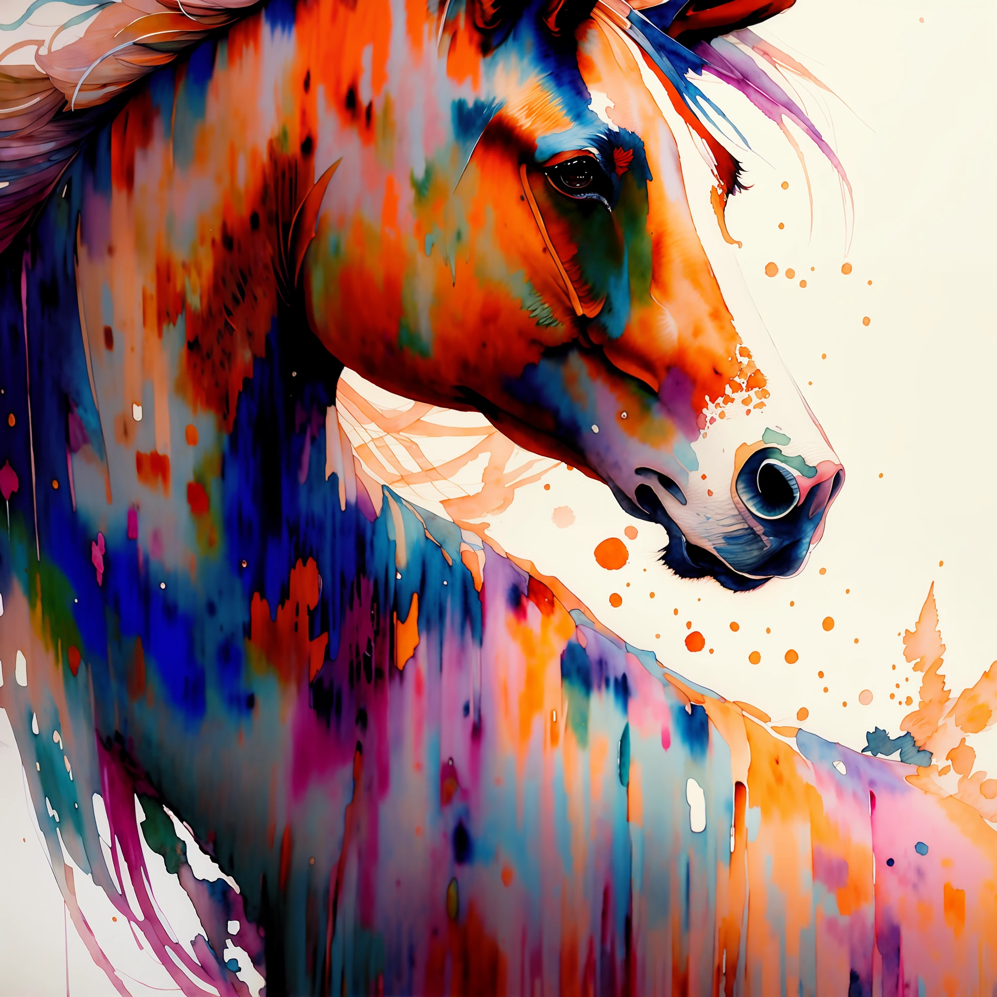 Wtrcolor style, digital art (horse character), formal art, frontal, smiling, masterpiece, beautiful, ((watercolor)), face painting, paint splashes, intricate details. Very detailed, detailed eyes, [drip: 0.5], popular on artstation, Rachel Walker.