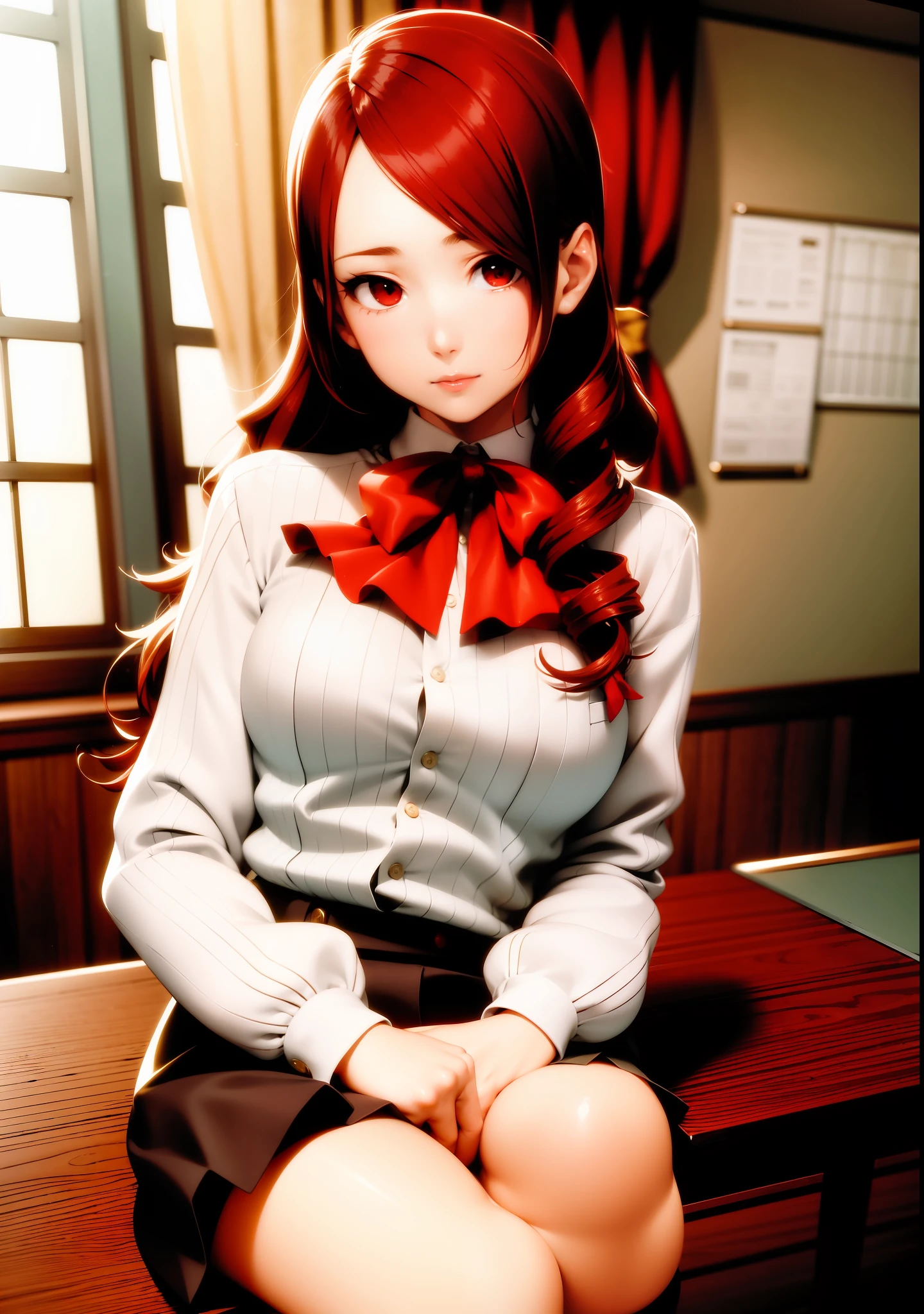 (masterpiece, best quality:1.1),  soft smile,  sitting, 1girl, mature, mitsuru kirijou, persona 3, school uniform, red eyes, solo, long hair, red hair, hair over one eye, gekkoukan high school uniform, large breasts, ribbon, bow, armband, school desk, window, indoors, school, bulletin board, sunlight, shadow, curtains