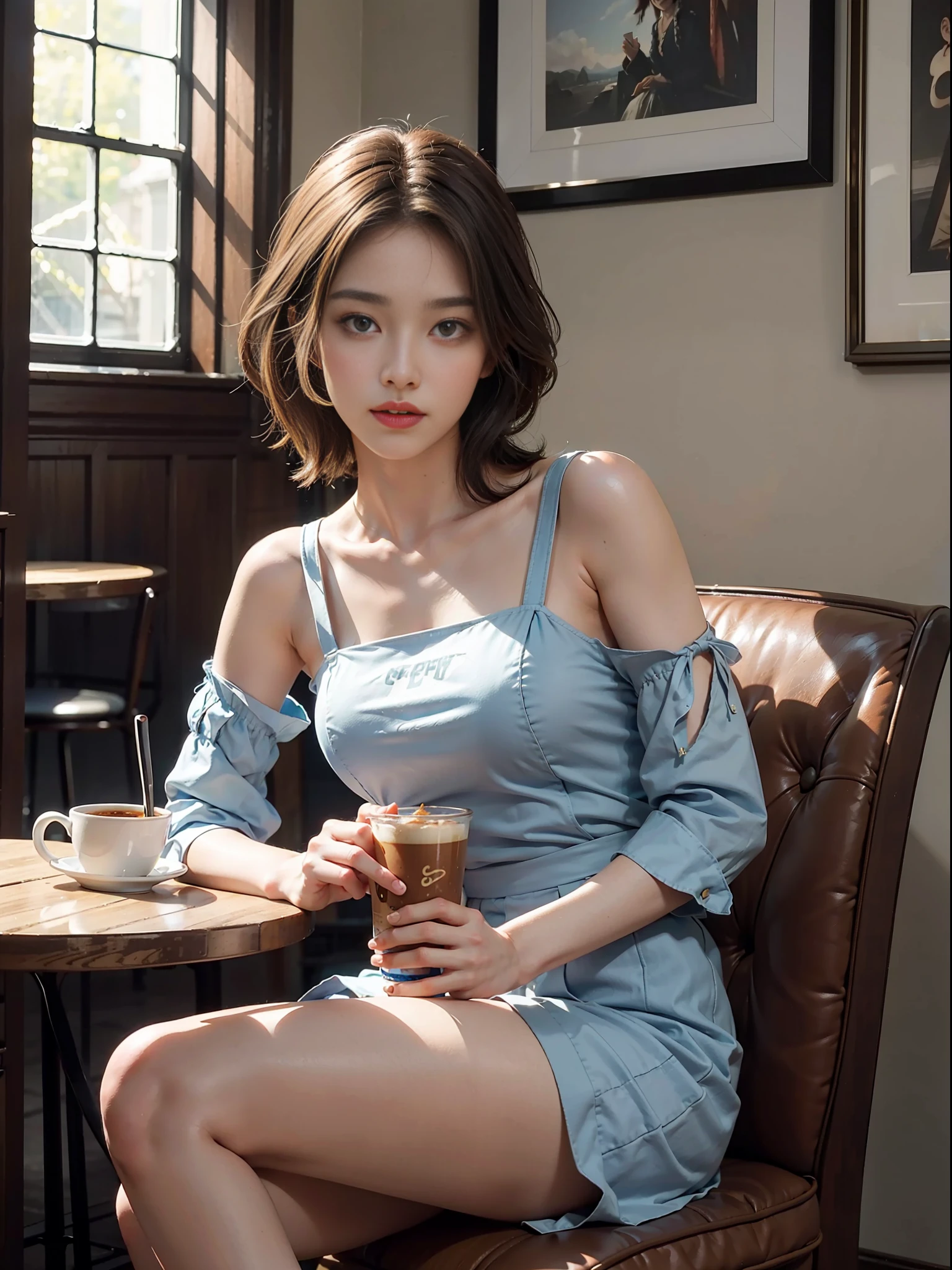 Best quality, masterpiece, very delicate beauty, cinematic footage, pretty girl, orange eye shadow, 28 years old, blue suspenders, soft light, café, coffee cup in hand, sitting position, ((bust)), afternoon