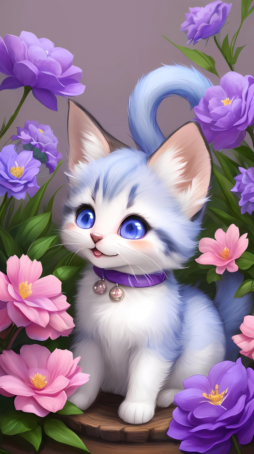 A kitten with a small tail, a small nose, small ears, blue eyes, purple background, flowers, vases, dreams, open mouth, smile, Caroline Chariot-Dayez pastels, tumblr, furry art, elokitty, Disney's Bambi, Disney's styled furry, ears floating, fluffy tail, fluffy '', fluffy !!!, high resolution, furry art!!! Small size