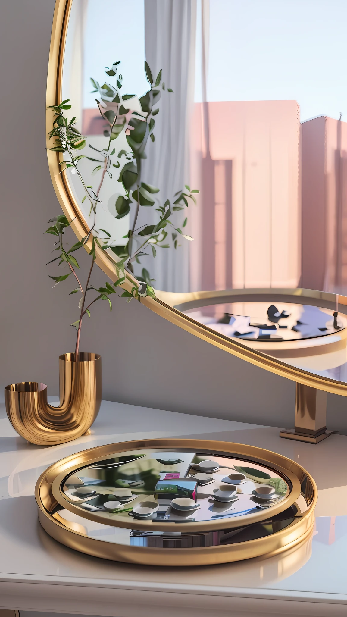 there is a mirror on the table with a plant in it, detailed archviz render, detailed render, detail render, semi - realistic render, product render, high-quality render, highly detailed render, depicted as a 3 d render, hyper realistic detailed render, highly photographic render, rendered in v-ray, detailed 3 d render, detailed 3d render