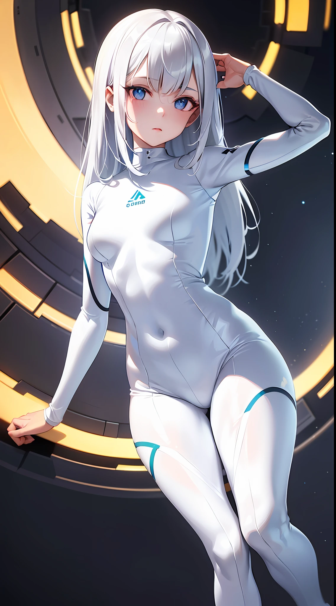 (white tight body suit, masterpiece, best quality:1.3), cute, futuristic, cyber, small girl, standing, full body, facelight, looking at viewer, white long hair, dark space, particle, thighs, highres, dutch angle, ultra detailed,  finely detail face, detailed face and eyes, sharp pupils, realistic pupils