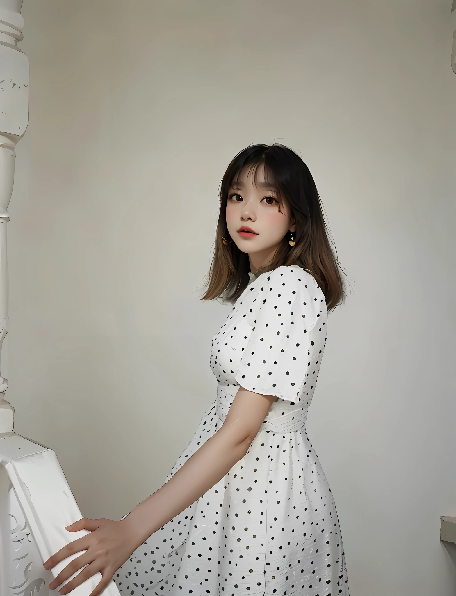 Chinese girl in white dress leaning against white wall, young woman in dress, Nico in white Folkdrakt dress, girl in white dress, cute white dress, girl portrait, white Ji haircut, album cover, wearing elegant dress, white dress, profile picture, full dress, 🤤 pokimane