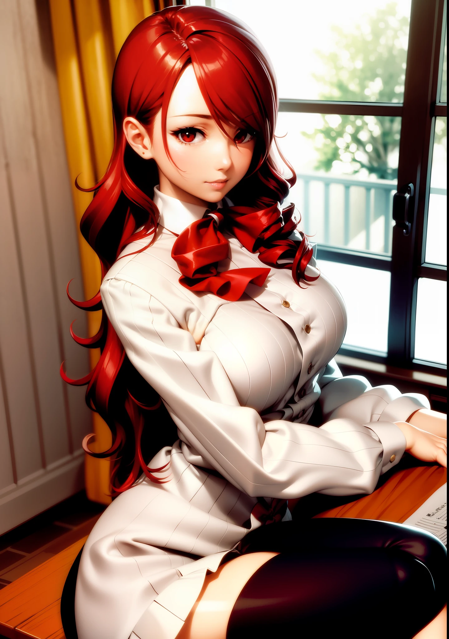 (masterpiece, best quality:1.1),  soft smile,  sitting, 1girl, mature, mitsuru kirijou, persona 3, school uniform, red eyes, solo, long hair, red hair, hair over one eye, gekkoukan high school uniform, large breasts, ribbon, bow, armband, school desk, window, indoors, school, bulletin board, sunlight, shadow, curtains