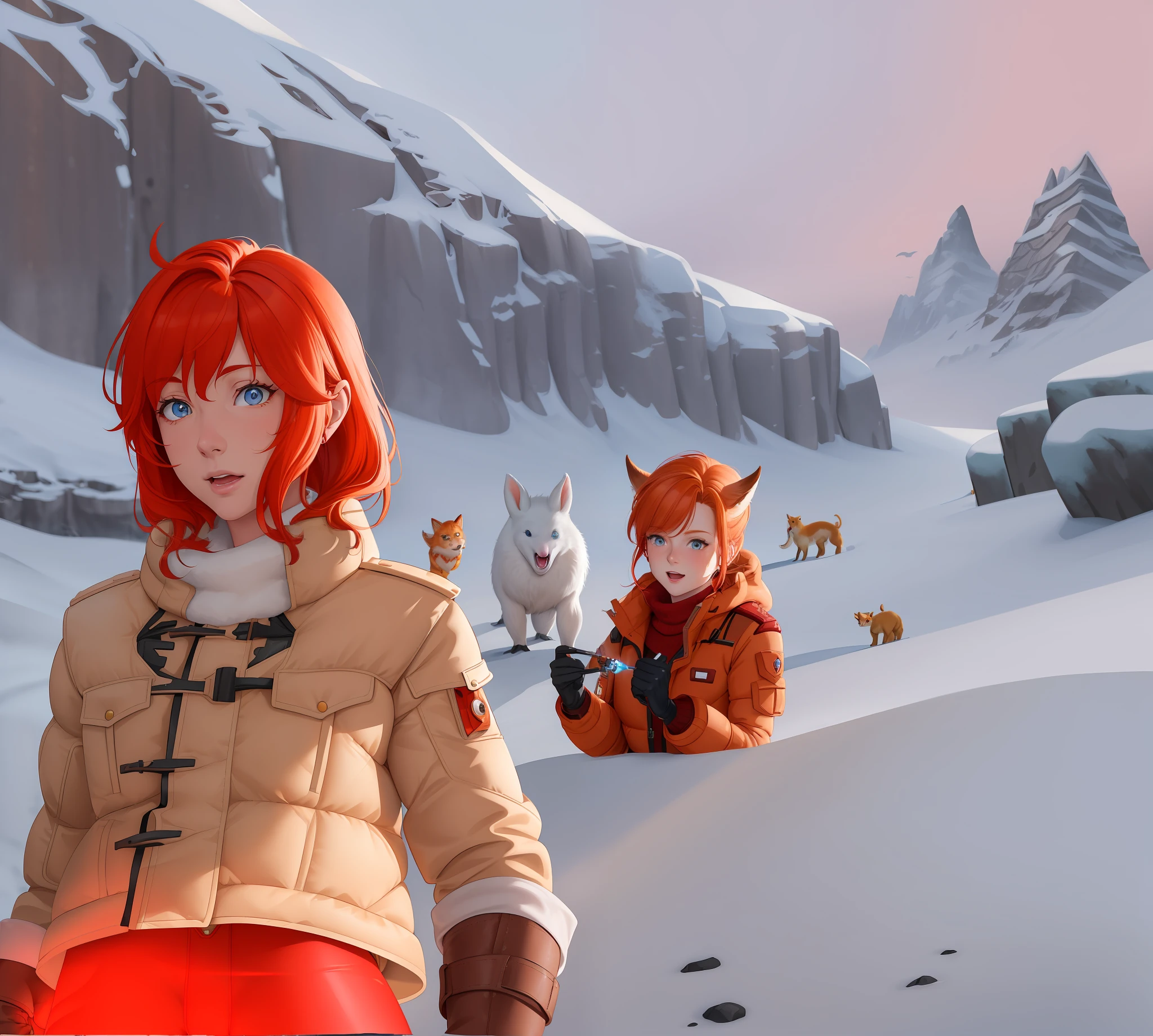 A pretty young redheaded woman with light tan boots and a light tan jacket, and light tan gloves, red pants, red under shirt, approaches a group of strange fantasy sci fi fictional animals, the creatures look like [fleshy gizzards:fantasy arctic farm animals:03], This all takes place on an alien world, in a snowy arctic expanse. (Lushill style) (pencil sketch, oil painting)