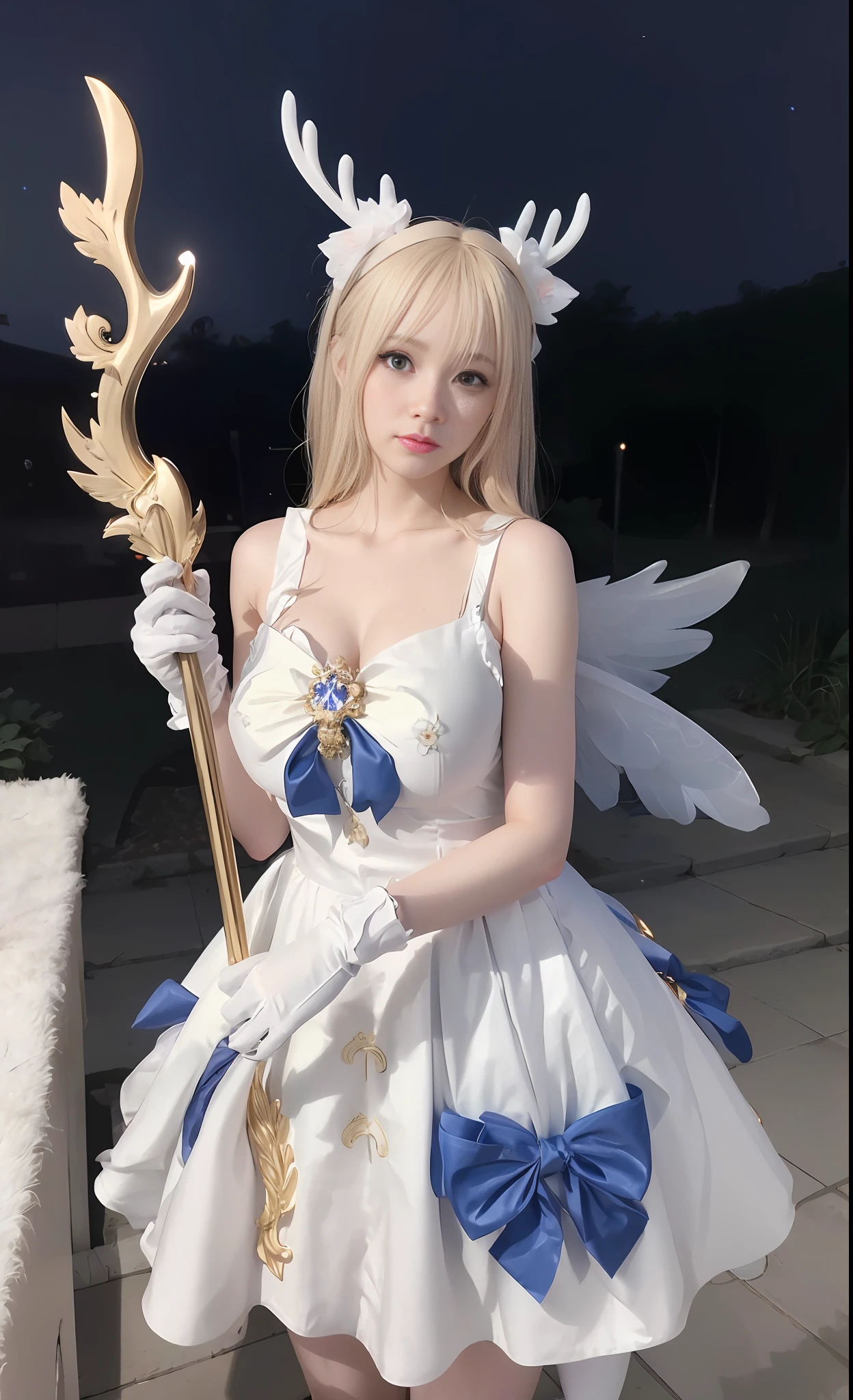 arafed woman dressed in white dress holding a golden staff, anime girl cosplay, anime cosplay, anime goddess, full - body majestic angel, cute anime waifu in a nice dress, elegant glamourous cosplay, style of magical girl, cosplay, cosplay of a catboy! maid! dress, cosplay photo, professional cosplay, ornate cosplay, angel knight girl