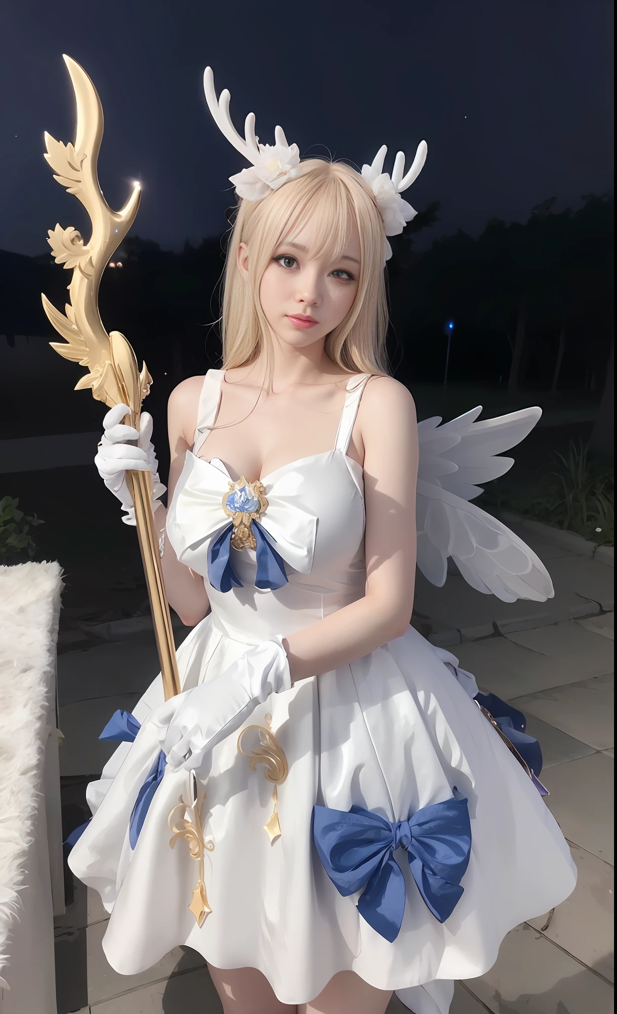 arafed woman dressed in white dress holding a golden staff, anime girl cosplay, anime cosplay, anime goddess, full - body majestic angel, cute anime waifu in a nice dress, elegant glamourous cosplay, style of magical girl, cosplay, cosplay of a catboy! maid! dress, cosplay photo, professional cosplay, ornate cosplay, angel knight girl