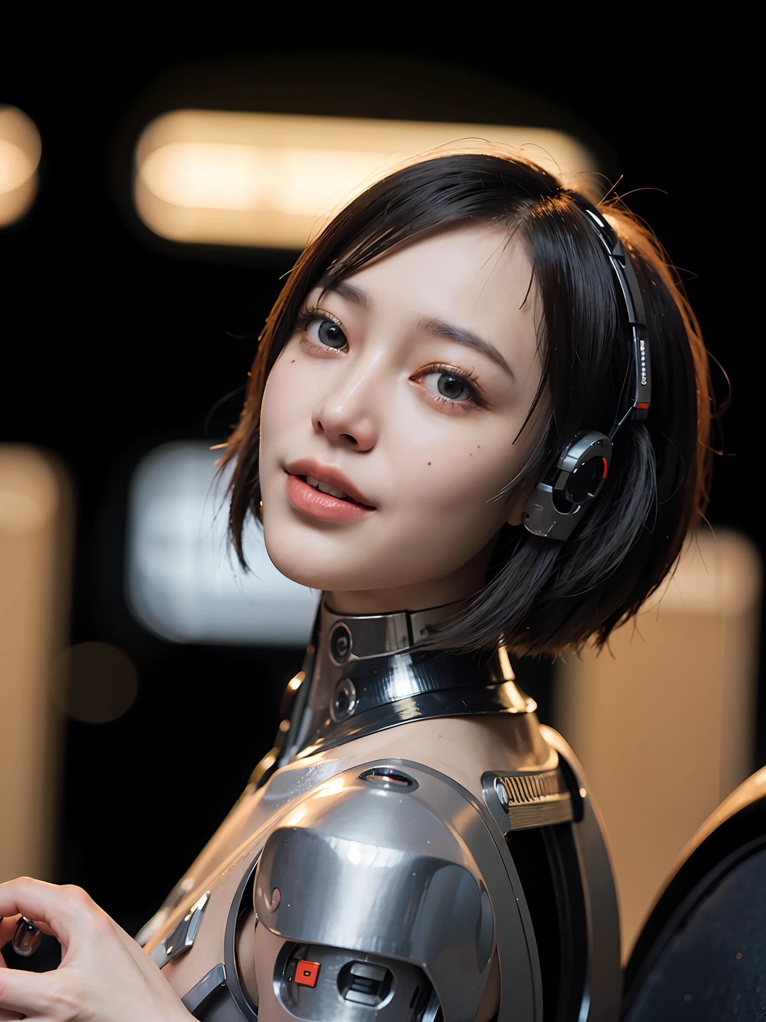 (cyborg:1.5), jumpsuit, bob cut, (cyberpunk:1.4) ,(photorealistic:1.4), (best quality:1.0), (ultra highres:1.0), 8k, RAW photo, (masterpiece:0.2), ultra-detailed, 1girl, pale skin, detailed skin, looking at viewer, from side, smile