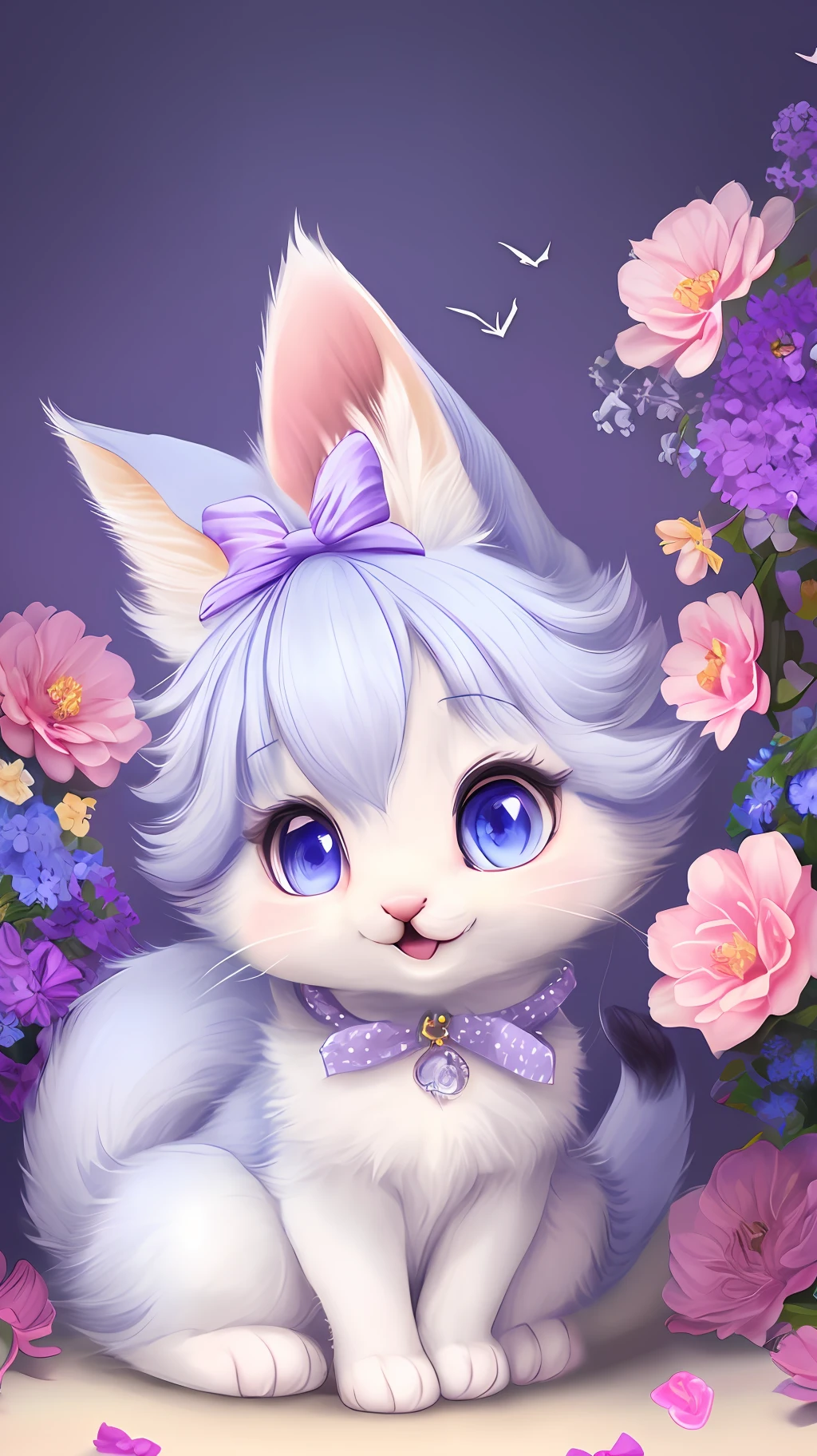 A kitten with a small tail, a small nose, small ears, blue eyes, purple background, flowers, vases, dreams, open mouth, smile, Caroline Chariot-Dayez pastels, tumblr, furry art, elokitty, Disney's Bambi, Disney's styled furry, ears floating, fluffy tail, fluffy '', fluffy !!!, high resolution, furry art!!! Small size