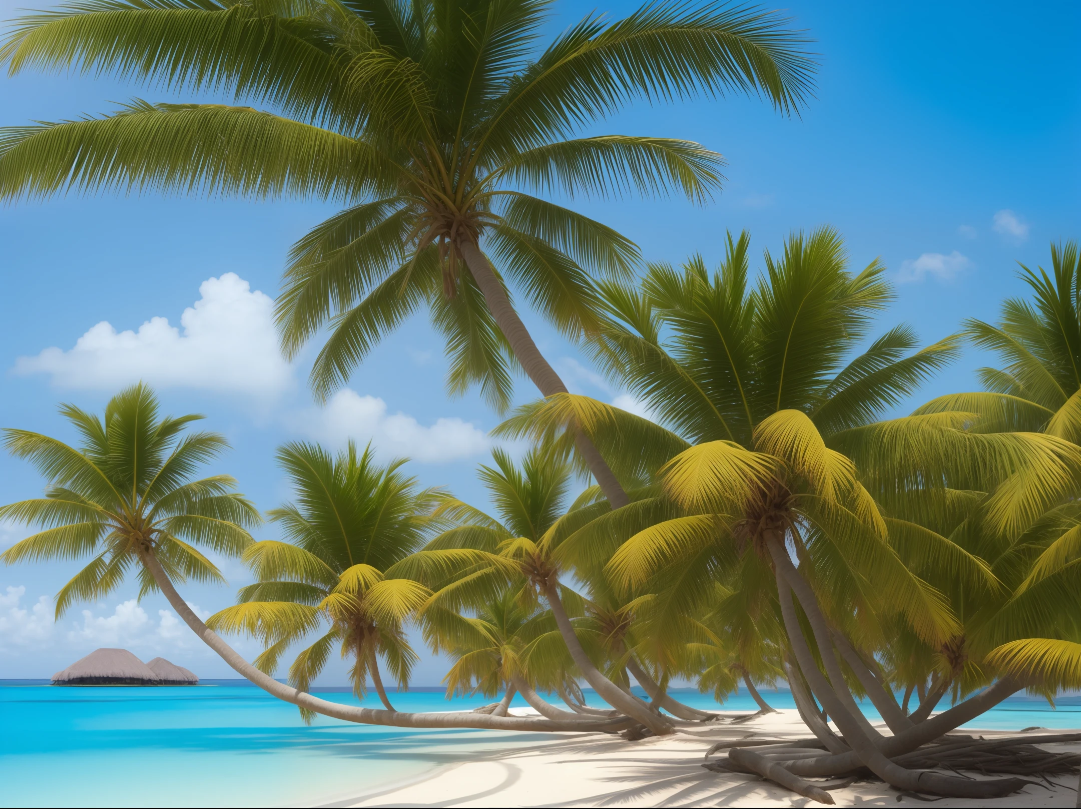 desert island in a bright blue sea. A palm. Ant nest on the island