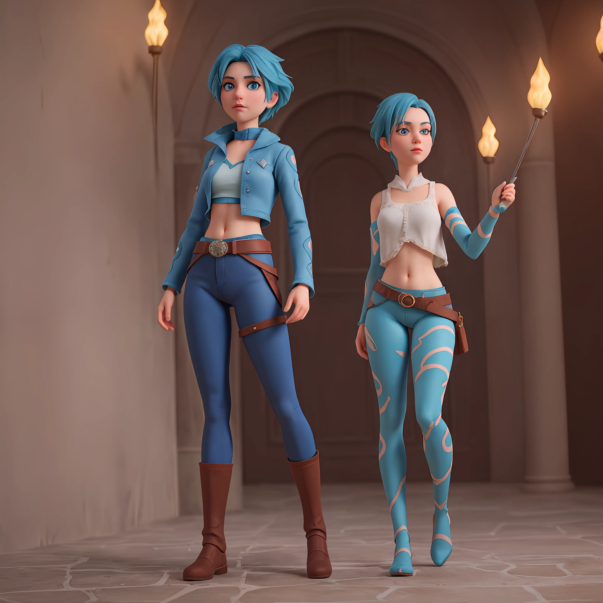 Blue hair, (tearchaight: 1.4), (masterpiece, side lighting, beautiful eyes with fine details: 1.2), masterwork* portrait, realistic, 3D full body, full body single character, glowing eyes, shiny hair, shedding skin, solo, awkward, (midriff), lighting vray render
