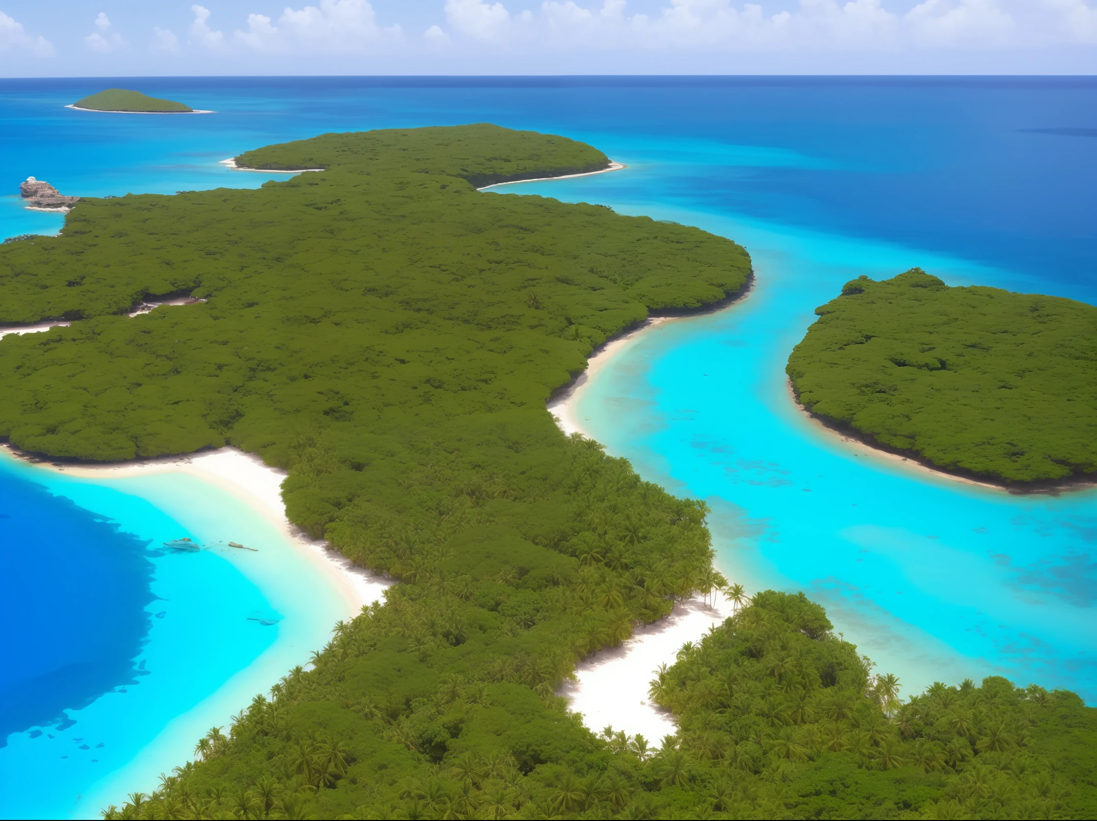 desert island in a bright blue sea. A palm. Ant nest on the island