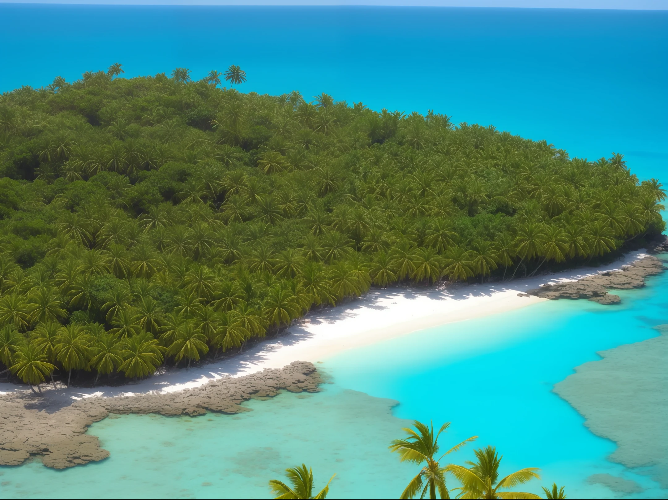 desert island in a bright blue sea. A palm. Ant nest on the island