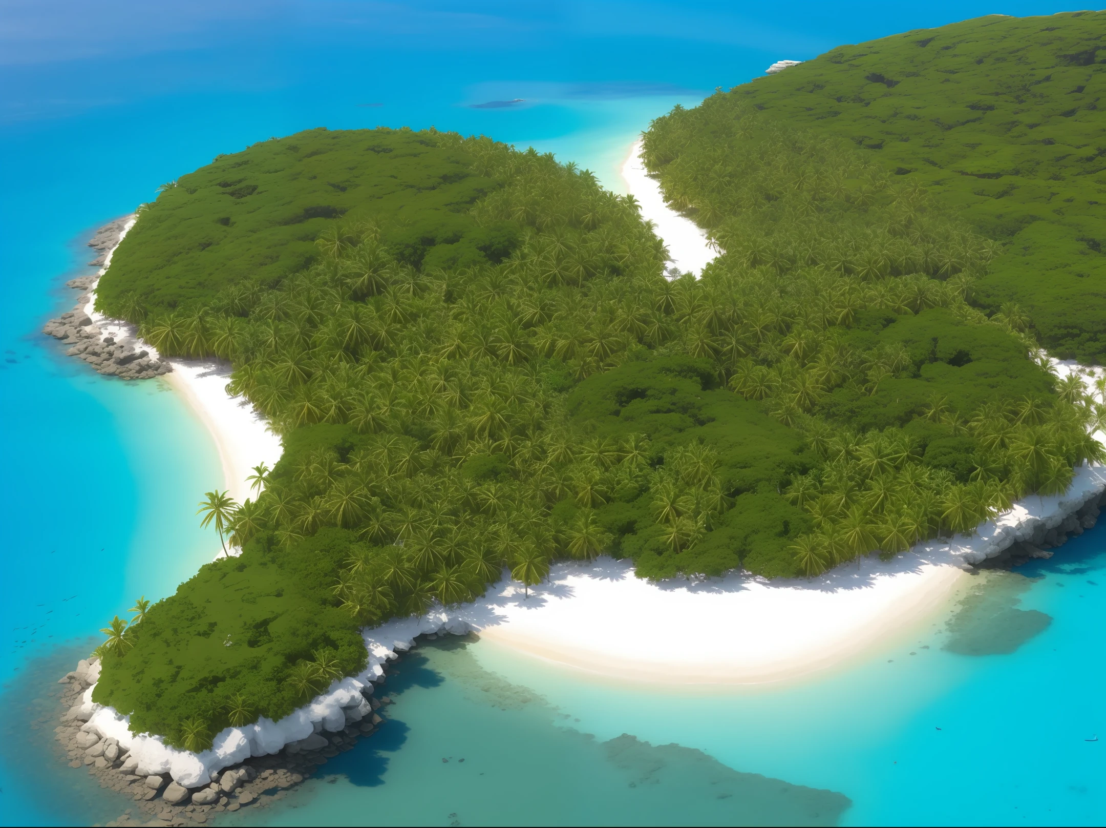 desert island in a bright blue sea. A palm. Ant nest on the island