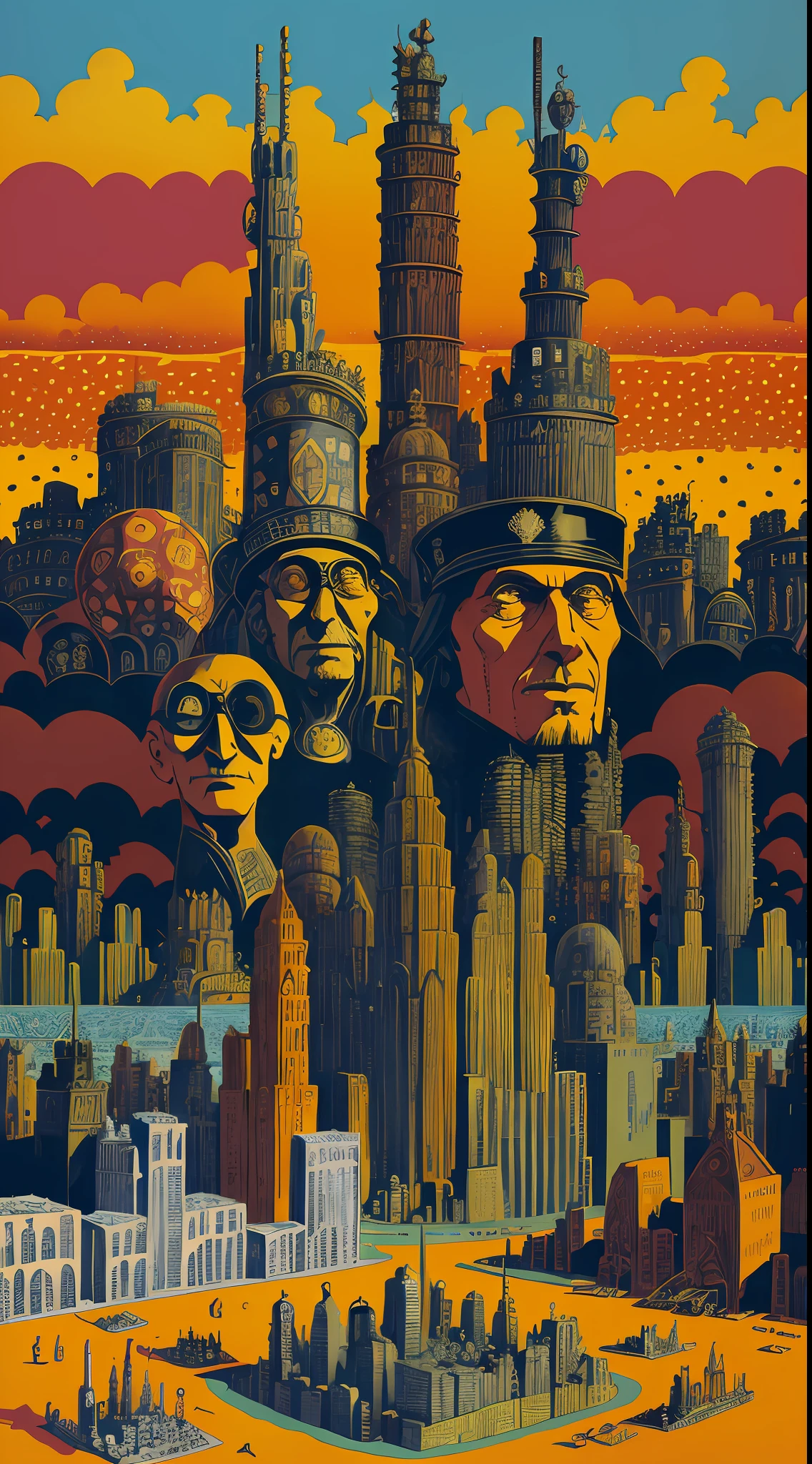 panorama of an imaginary city with towers, by xyzVMoscoso, and a floating head with a police turret and people enslaved with the TV