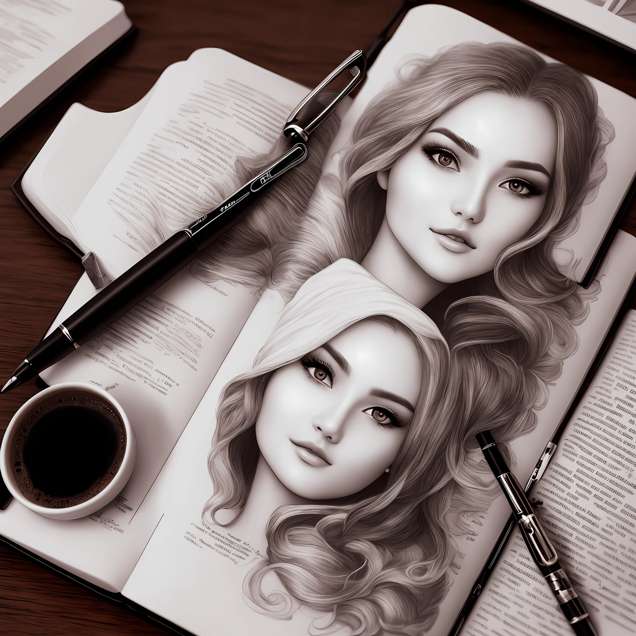 realistic,beautiful face,pen,book,8k,holding pen,original cloth,a cut coffe, hot girl,