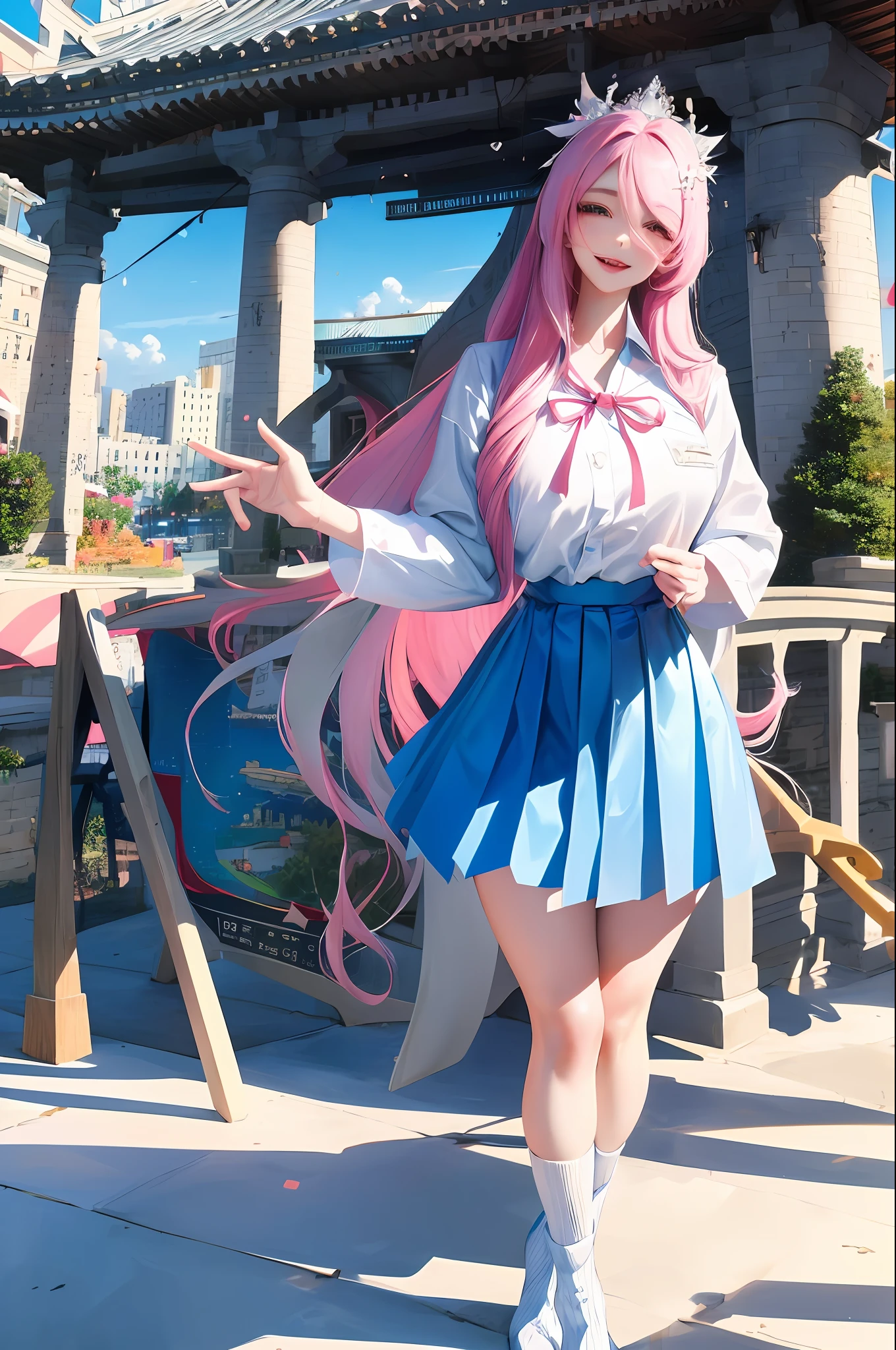 official art, masterpiece, sharp focus, (beautiful, beautiful and cute korean woman: 1.3), (beautiful and cute korean: 1.3), korean beauty, Delicate and beautiful hair, eyes and face, realistic, ultra detailed, beautiful girl, blue sky, glitter white particle, (side illumination: 1.2), sunlight, white cloud, detailed clouds, slender, Lovely very big breasts and very big hips, smile with teeth,  ((smile with eyes, open both eyes)), landscape, long straight hair, sexy facial expression, building (cityscape: 1.7), dynamic hair, long straight hair, detailed platinum pink hair, bright blue eyes (blue pleated shirts + white skirt), white long socks, pale skin, hair ornament, epic landscape, luminoza NIGHT