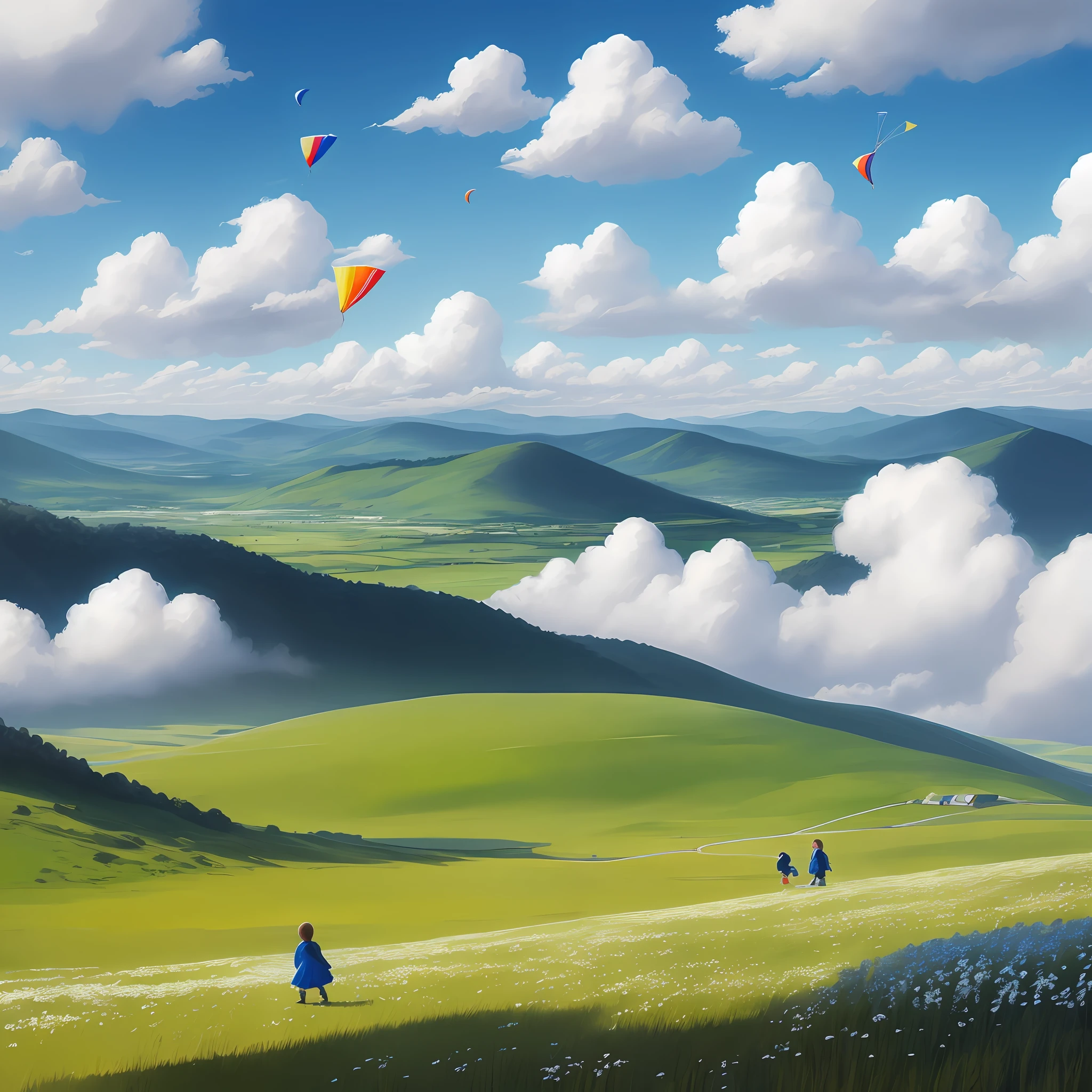 Blue sky and white clouds, hills in the distance, two children flying kites in the meadow, natural light