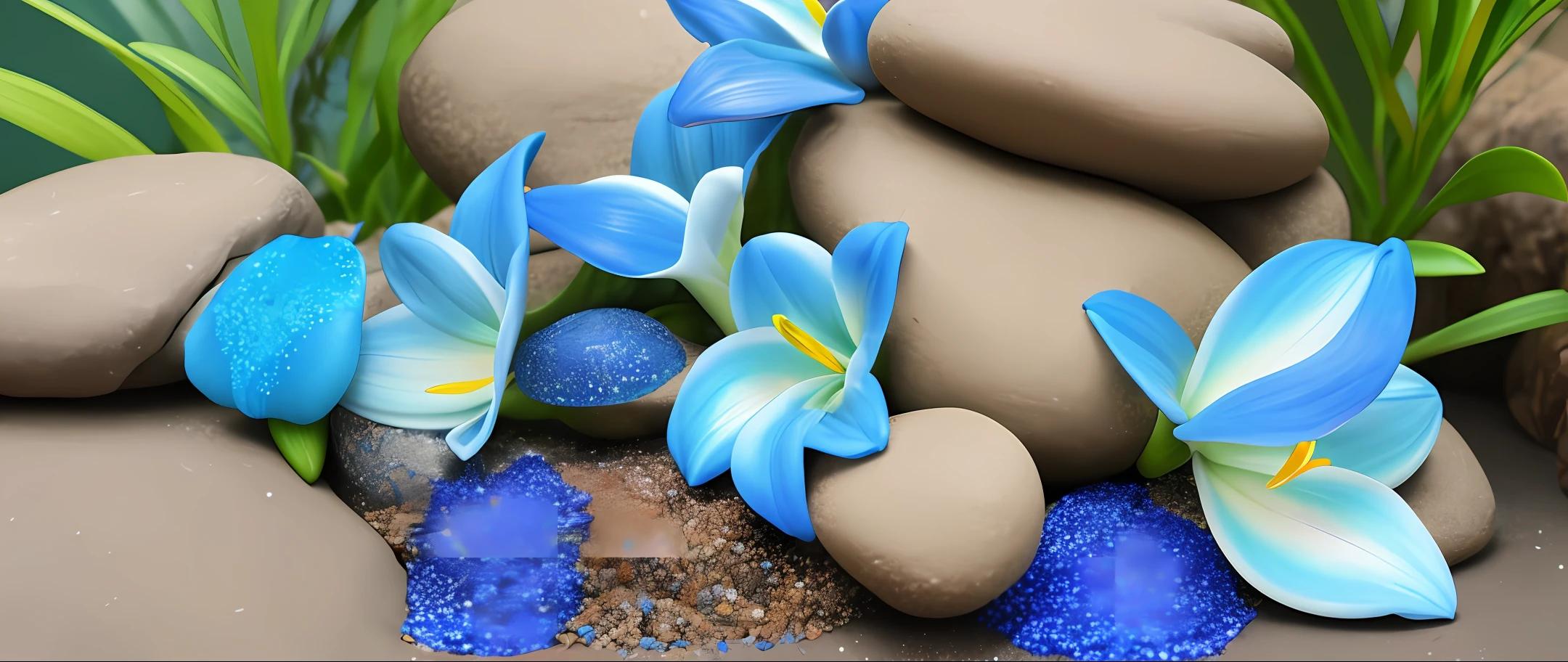rocky anthill, natural opal, fantasy, blue lilies, iridescent sand, some lightfall coming down