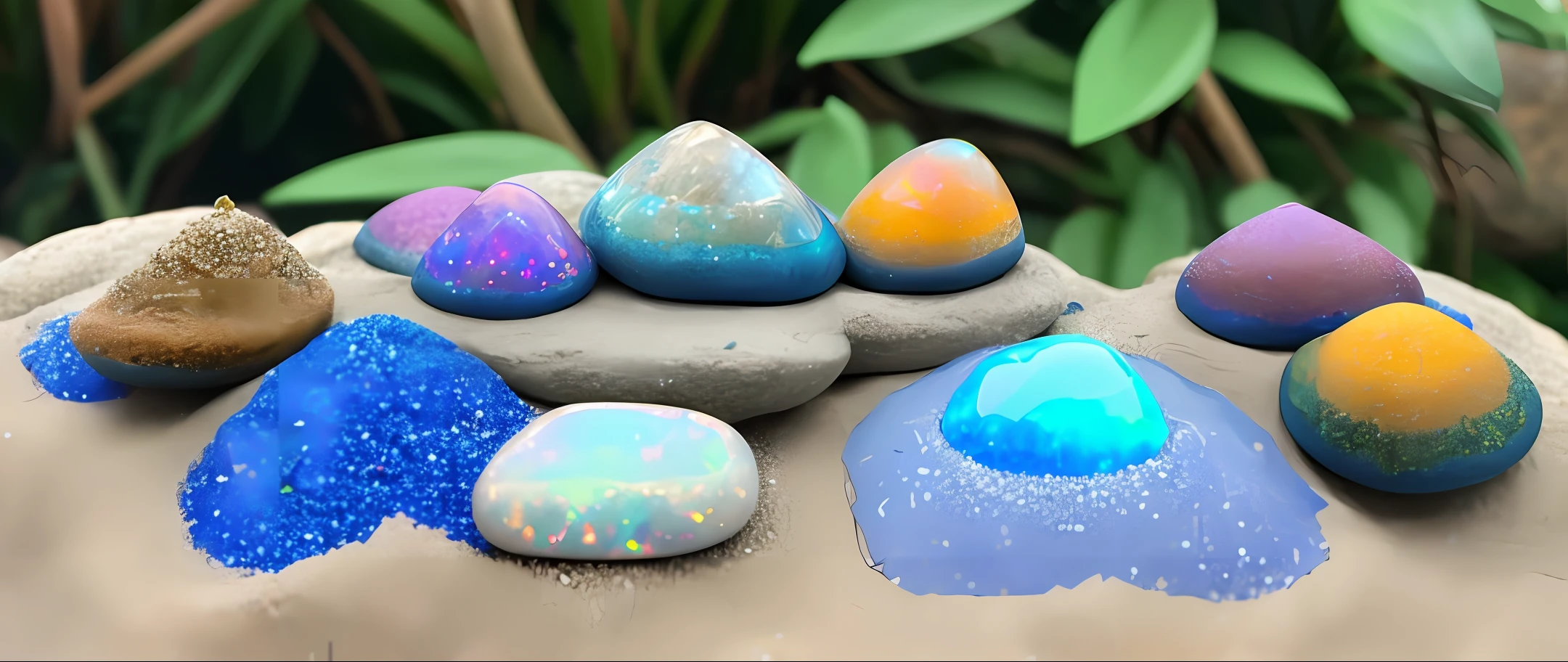 rocky anthill, natural opal, fantasy, blue lilies, iridescent sand, some lightfall coming down