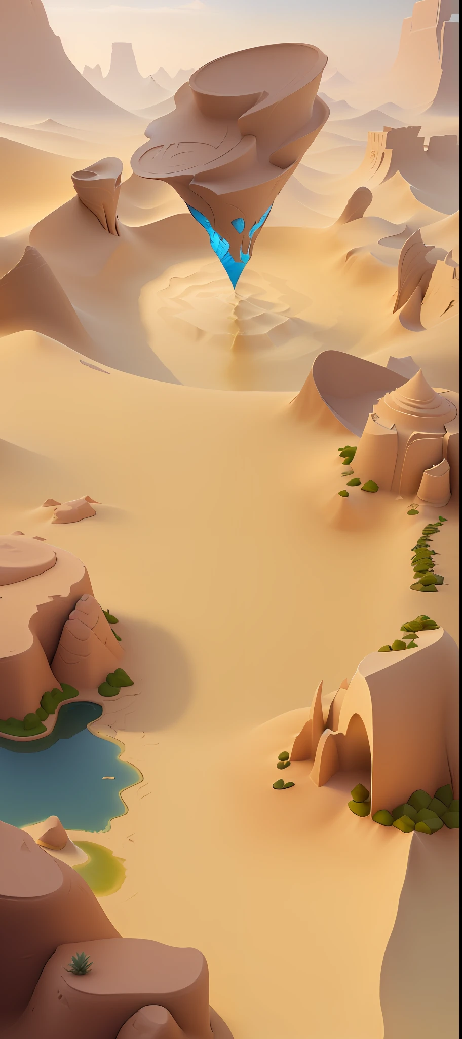 there is a picture of a desert with a small stream of water, sand and desert environment, 3 d render stylized, stylized 3d render, desert environment, stylized concept art, stylized as a 3d render, sand desert fantasy, somewhere in sands of the desert, stylized game art, desert oasis background, stylized shading, desert background