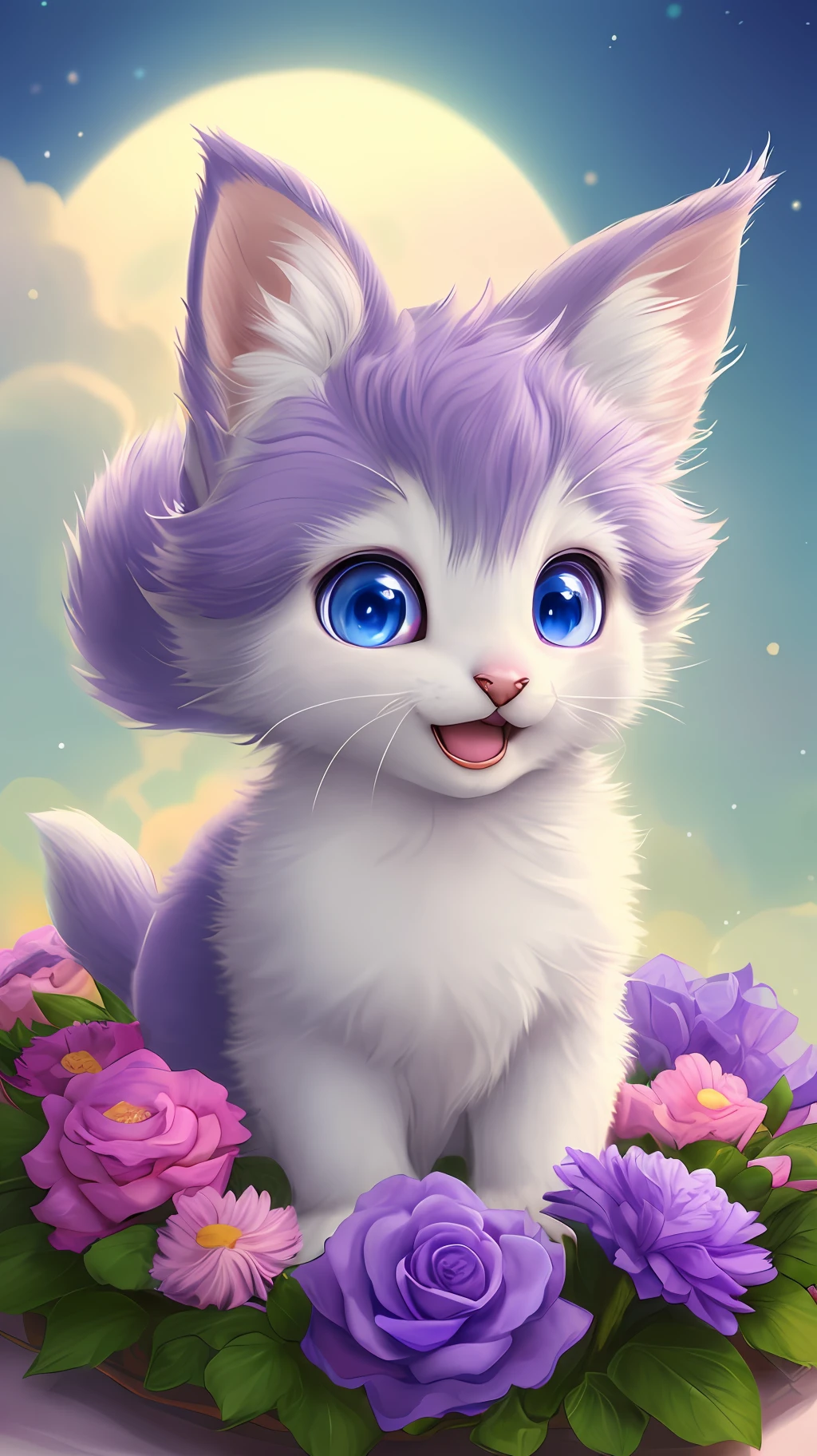 A kitten with a small tail, a small nose, small ears, blue eyes, purple background, flowers, vases, dreams, open mouth, smile, Caroline Chariot-Dayez pastels, tumblr, furry art, elokitty, Disney's Bambi, Disney's styled furry, ears floating, fluffy tail, fluffy '', fluffy !!!, high resolution, furry art!!! Small size