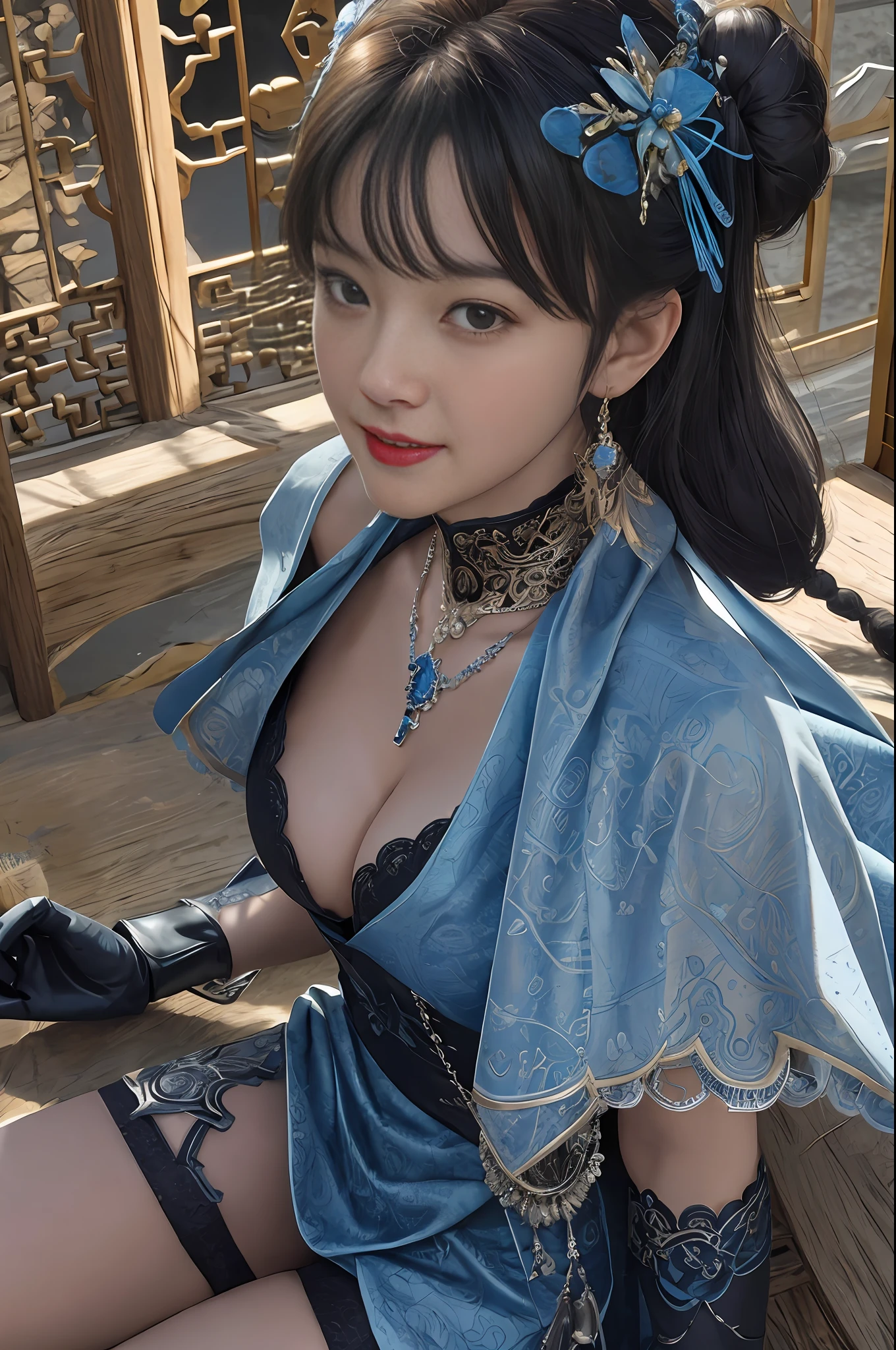 Detailed skin texture, detailed cloth texture, detailed face, masterpiece, best quality, super detailed, 8k, intricate detail, best quality, 1girl, bangs,  shoulders, black hair, ancient Chinese background, , thin, cape, , collarbone, patterned blue dress, gloves, hair bun, hair accessories, hair stick, jewelry, a mole, necklace, smile, solo, stockings, (hiqcgbody:0.5), (hiqcgface:0.5), full body photo,