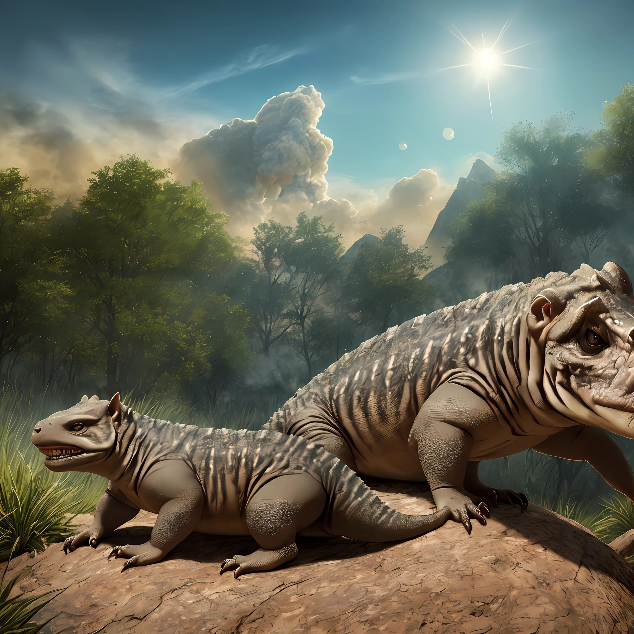 (ultra-detailed, masterpiece) prehistoric Synapsid illustration, photorealistic style, best quality, high-resolution, realistic detailing, dynamic angle,(1creature), fierce expression, sharp teeth, (emphasized: fur and scales), (colorful sunset sky: 1.2+ depth of field), (dramatic shadows, shining sunlight), (dynamic action shot: 1.2), (fire and smoke in the background), powerful and wild