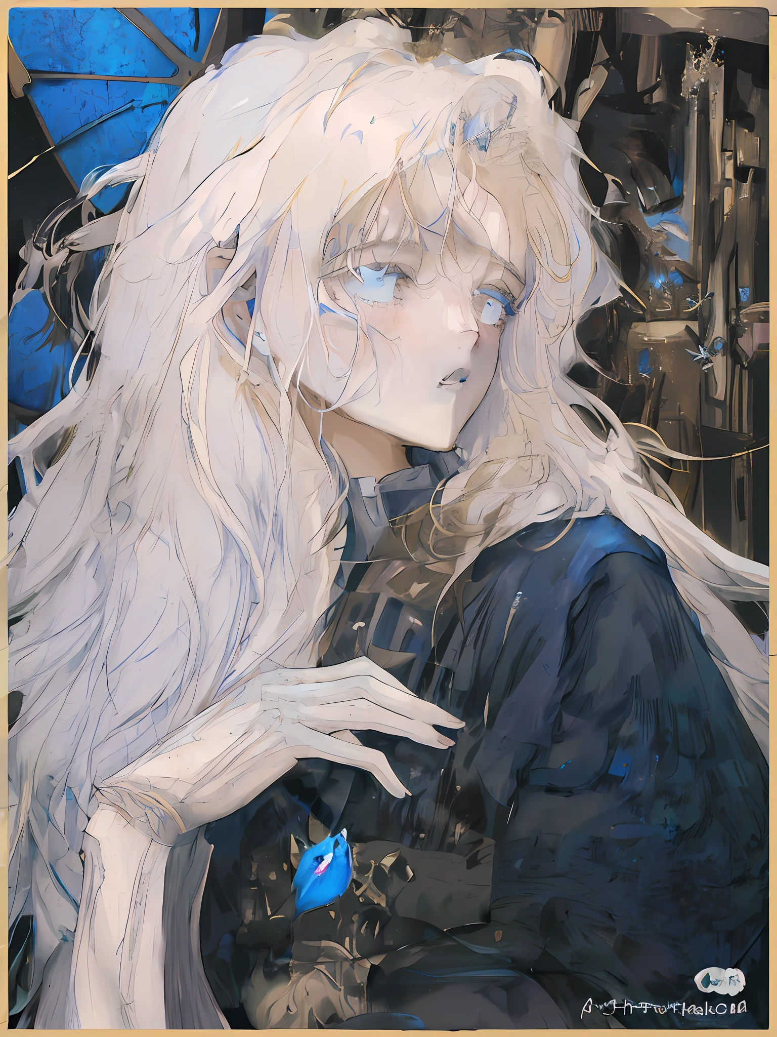 Beautiful long-haired boy, medieval Gothic style, minimalist style, hand drawn style, cobalt blue butterfly, Christian, white blonde hair