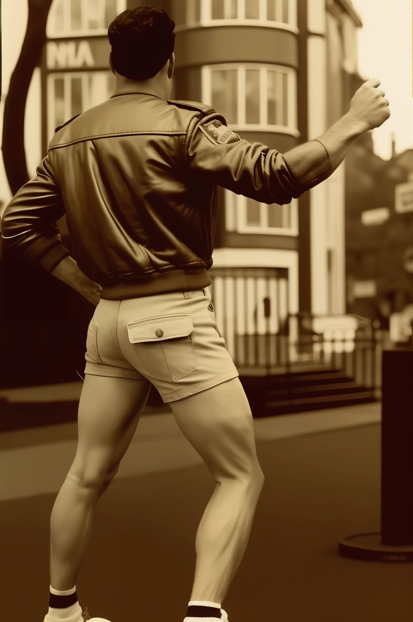 arafed man in shorts and a jacket is standing on the street, tom of finland style, an aviator jacket and jorts, freddie mercury, 7 0 s street photography, wearing shorts, no pants, young david bowie, iggy pop, hot-pants, tom finland, in shorts, short shorts, tom of finland, wears shorts, vintage levi ’ s ad