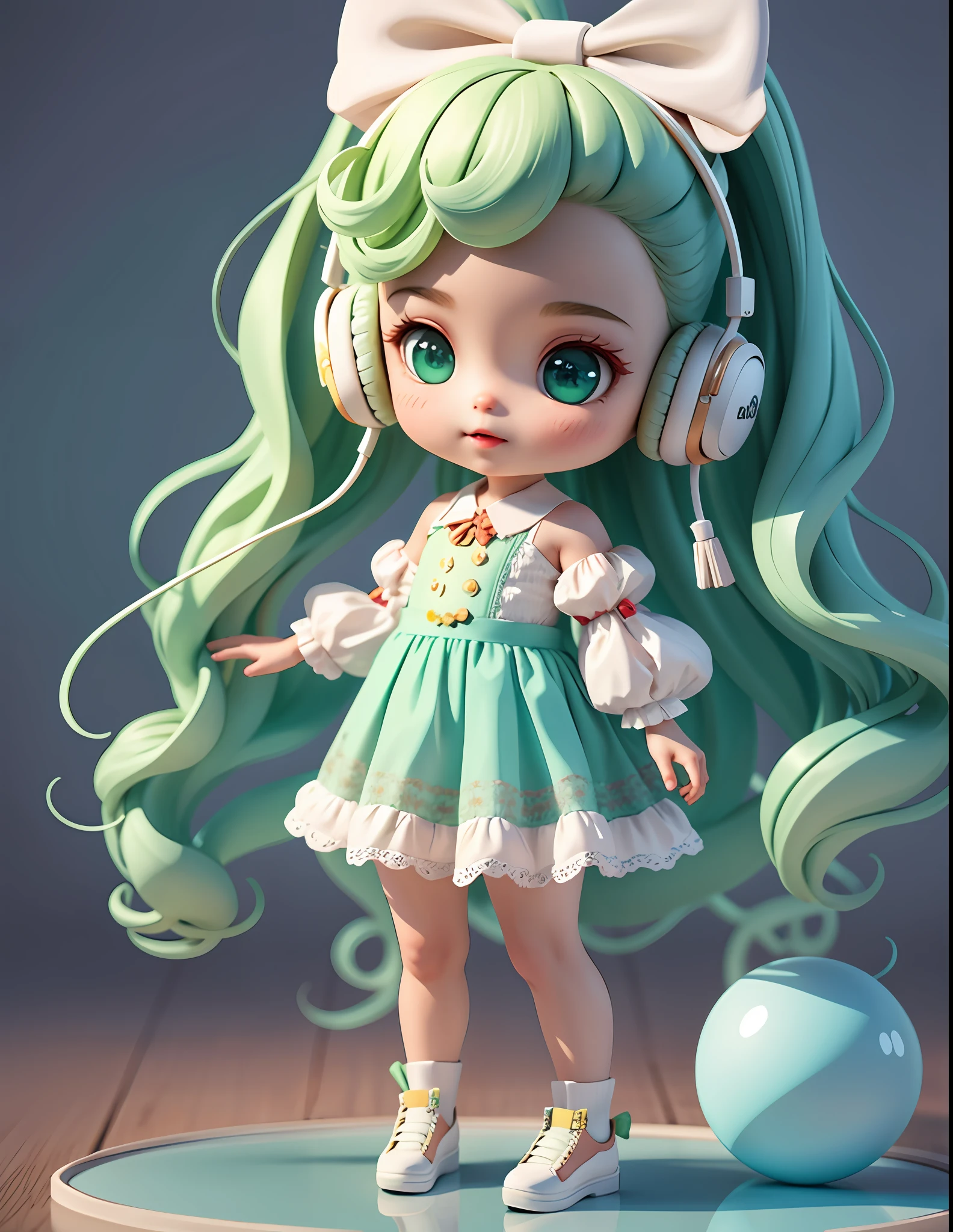 Cute little girl with big watery eyes, full body, delicate shoes, delicate hair, long curly hair,song suit, pompadour skirt, beautiful vest, lace shirt, Bubble sleeves, sequin, bow, plaid, green hair, Headphones, Long Hair, popmart blind box, clay texture, clean background, natural light, best quality, ultra detail, 3d art, c4d, blender, oc renderer, 3d render, 8k