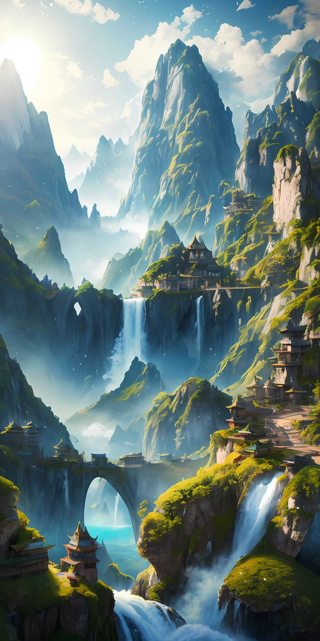 In the middle there are mountain views of waterfalls and pagodas, painted scenery of Hangan, winners of the CG Society competition, fantasy art, fantastic Chinese temples, Chinese landscapes, Chinese fantasy, composed of trees and fantasy valleys, ancient city landscapes, impressive fantasy landscapes, the most epic landscapes, temples on the mountains, mountainous jungle environment, avatar landscape, Chinese village.