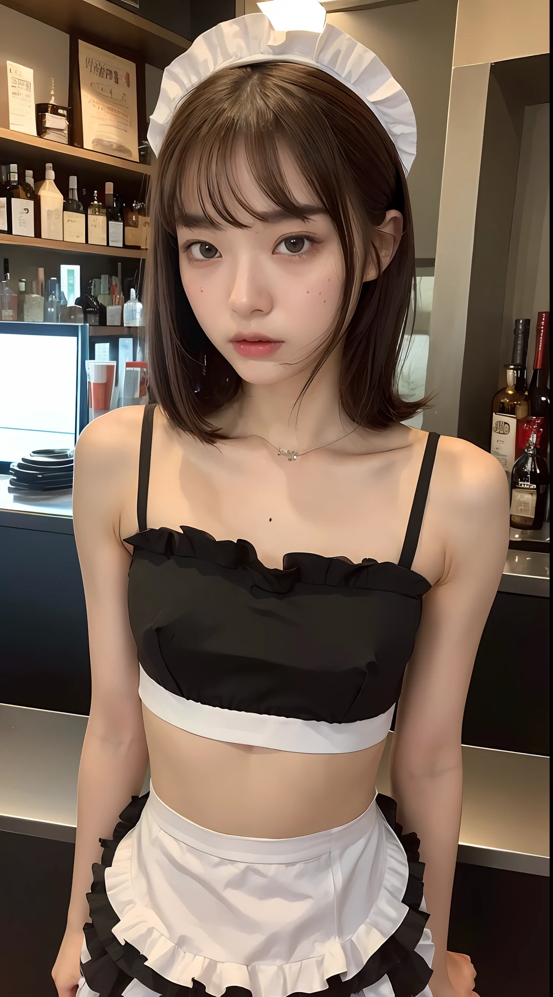 ((Top Quality, 16k, Masterpiece: 1.3)), , Sharp Focus: 1.2, Beautiful woman with perfect figure: 1.4, Slender Abs: 1.2, (((Bob Brown Hair)), ((Small: 1.4)), ((Idol: 1.3)), ((Akihabara Maid Outfit 1.5)), (Bar Counter), Highly Detailed Face and Skin Texture, Detailed Eyes, Double Eyelids, (((Pause)), (Seductive)), standing, cinematic photo, dark interior