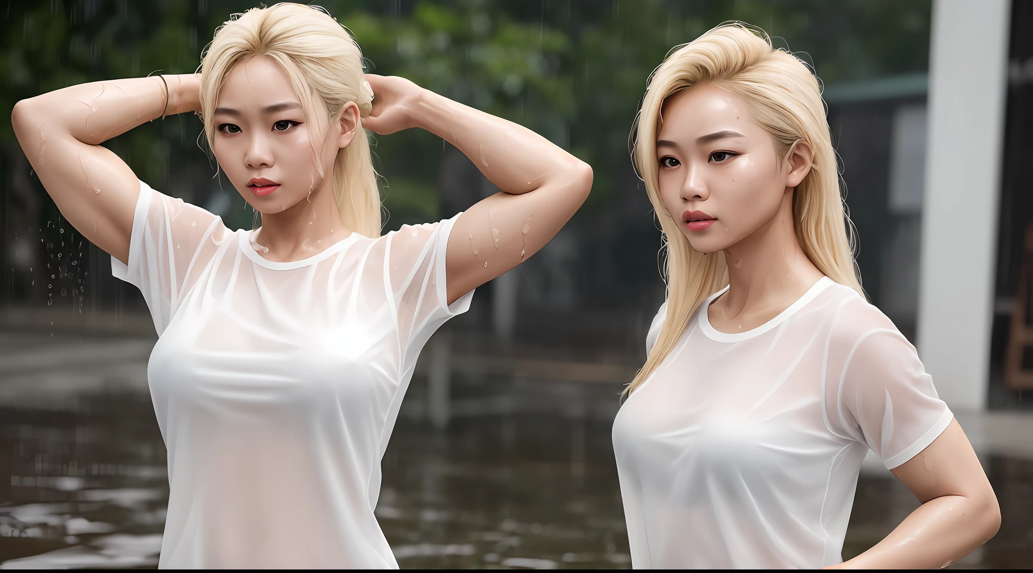 Young Thai woman with blond hair and a bodybuilder body, wet in the rain, wet white t-shirt, see-through t-shirt, wet hair, realistic, photograph, artstation