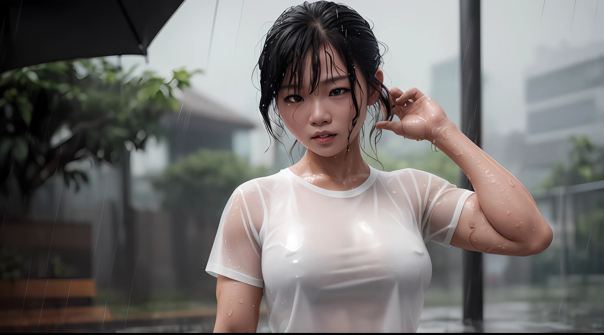 Young Thai woman with blond hair and a bodybuilder body, wet in the rain, wet white t-shirt, see-through t-shirt, wet hair, realistic, photograph, artstation