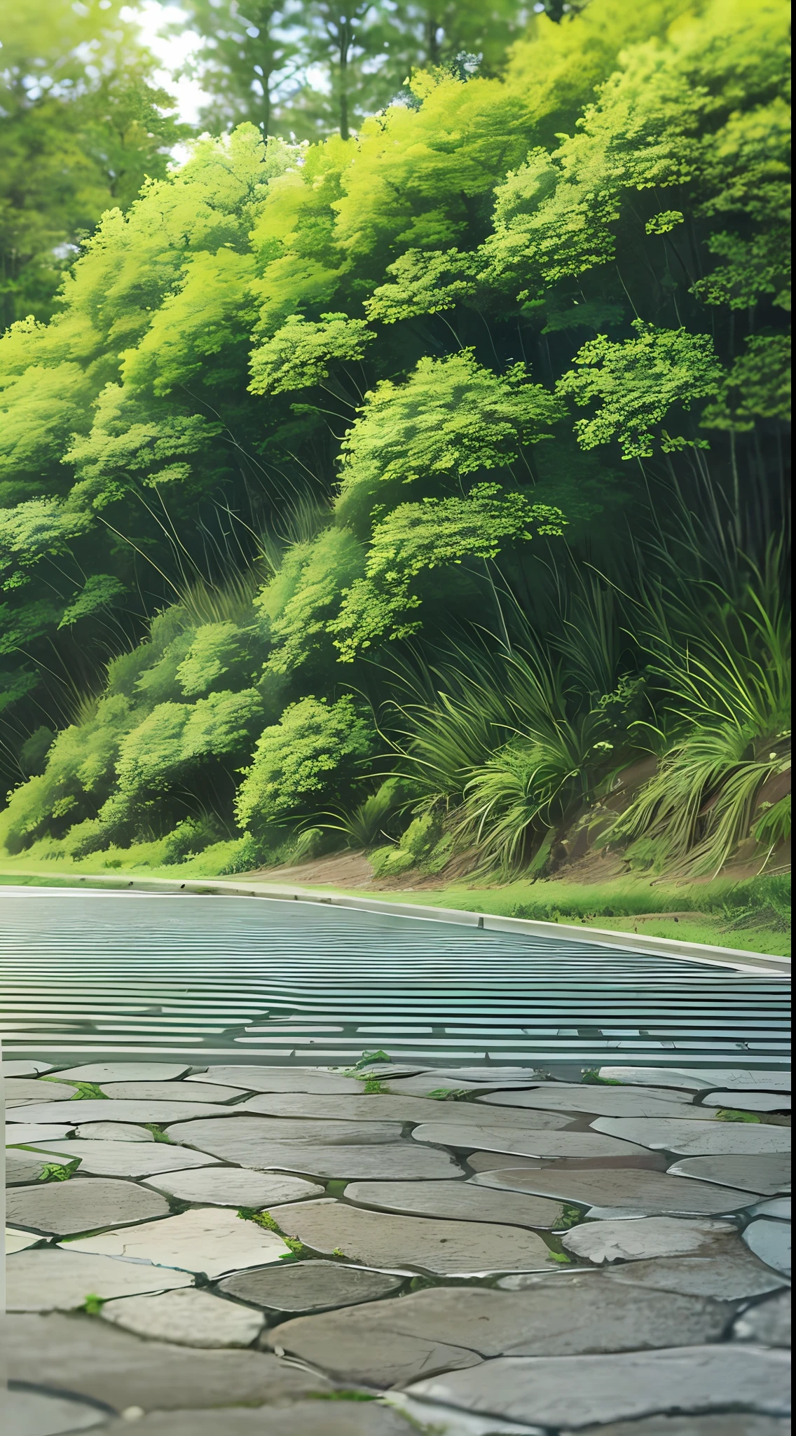 Urban pavement with green forest in the background, depth of field