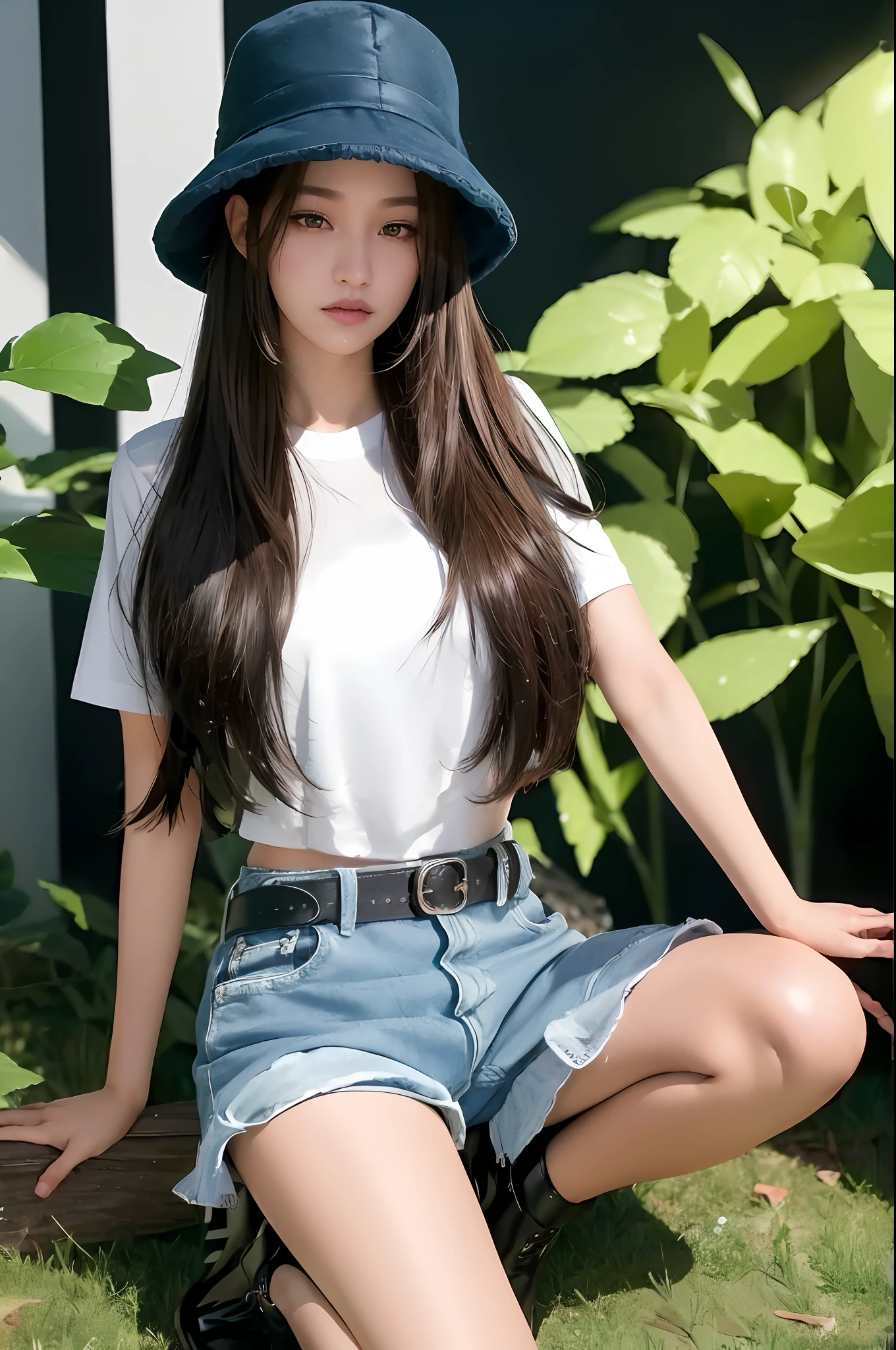 (extremely detailed CG unity 8k grid wallpaper, masterpiece, best quality, ultra-detailed), (best illumination, best shadow, an extremely delicate and beautiful), forest, depth scene, lots of water droplets, splashing water droplets: (1.5), flowering, wind, A leaf, grassland, volumetric light, girl "Zhang Yuanying", "T-shirt girl", slender legs (hands clapped), brown hair, brown eyes, denim pockets, military hat, denim jacket, blue jeans, black belt, high heels, (blue: 1.2|black) long hair, (clear: 0.9) eyebrows, (sensual: 1.1) lips, glasses, looking at the audience.