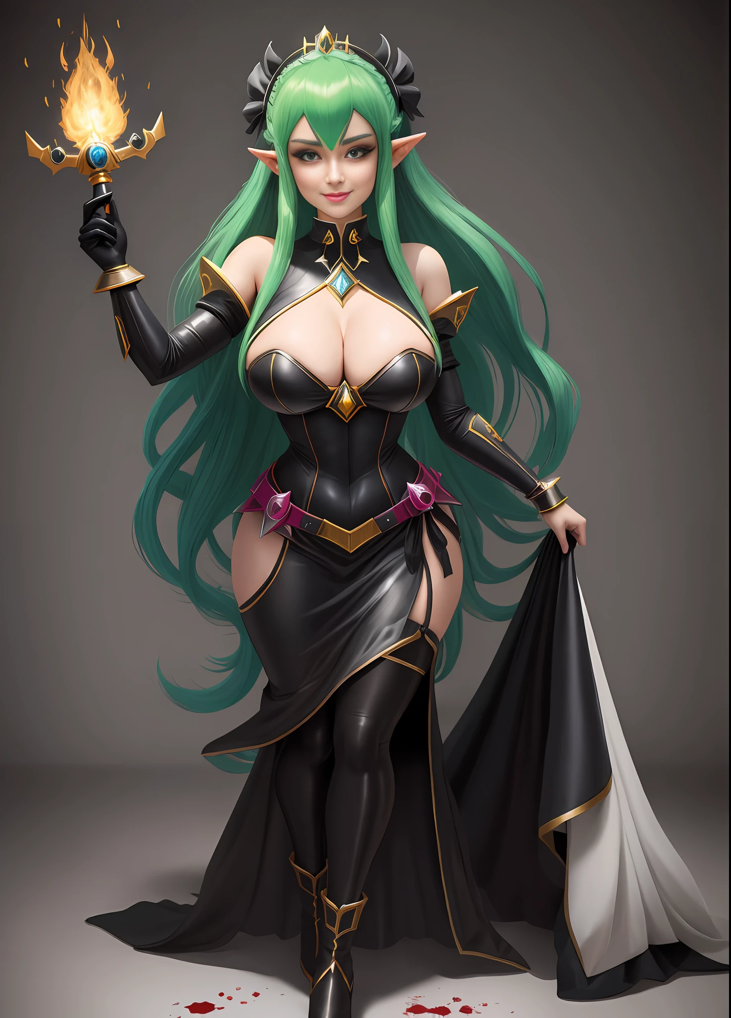 ((full body photo)), Princess Zelda in hybrid maid costume and Mega Man-X+ (black: 10.0), XL bust, very tight clothes on her body, she is exhibitionist, she is in a hotel all broken with the bed totally covered in blood, she has green hair, blue eyes, she is looking at the viewer with a macabre smile on her face, she's holding an exorcism artifact in her right hand, Anime-style, Unreal Engine 5, Mortal Kombat, Masterpiece, (16k:1.5)