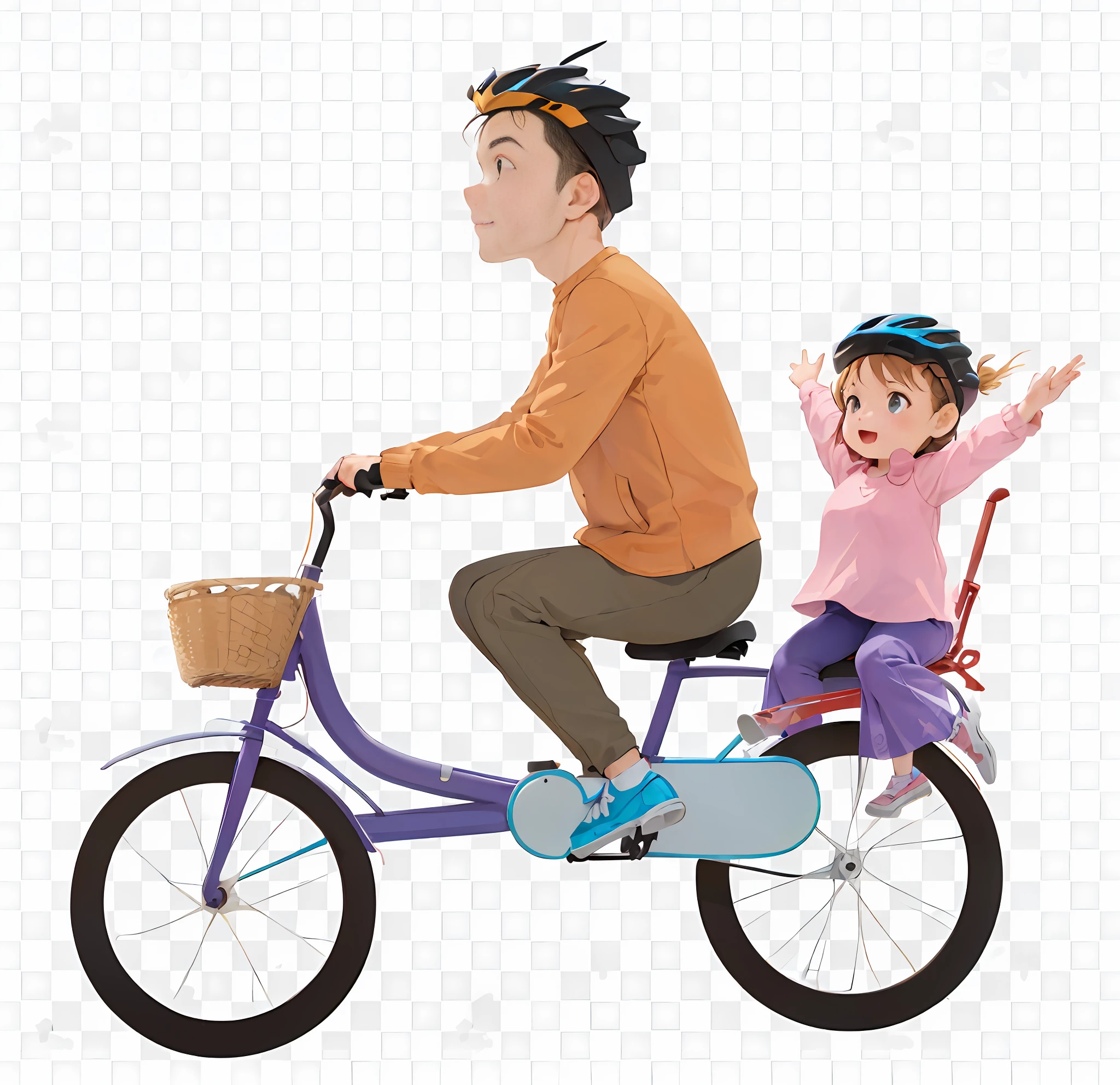 A cartoon of a man in a blue top riding a bike with a little girl on his back, riding a yellow bike, riding a yellow bike, riding a yellow bike!!, without a helmet, riding a bicycle, cartoon style illustration, father with child, exciting illustration, clipart, father, complete equipment, illustration", HD illustration, high quality illustration, 3 D CG, happy family, 🚿🗝📝 clipart