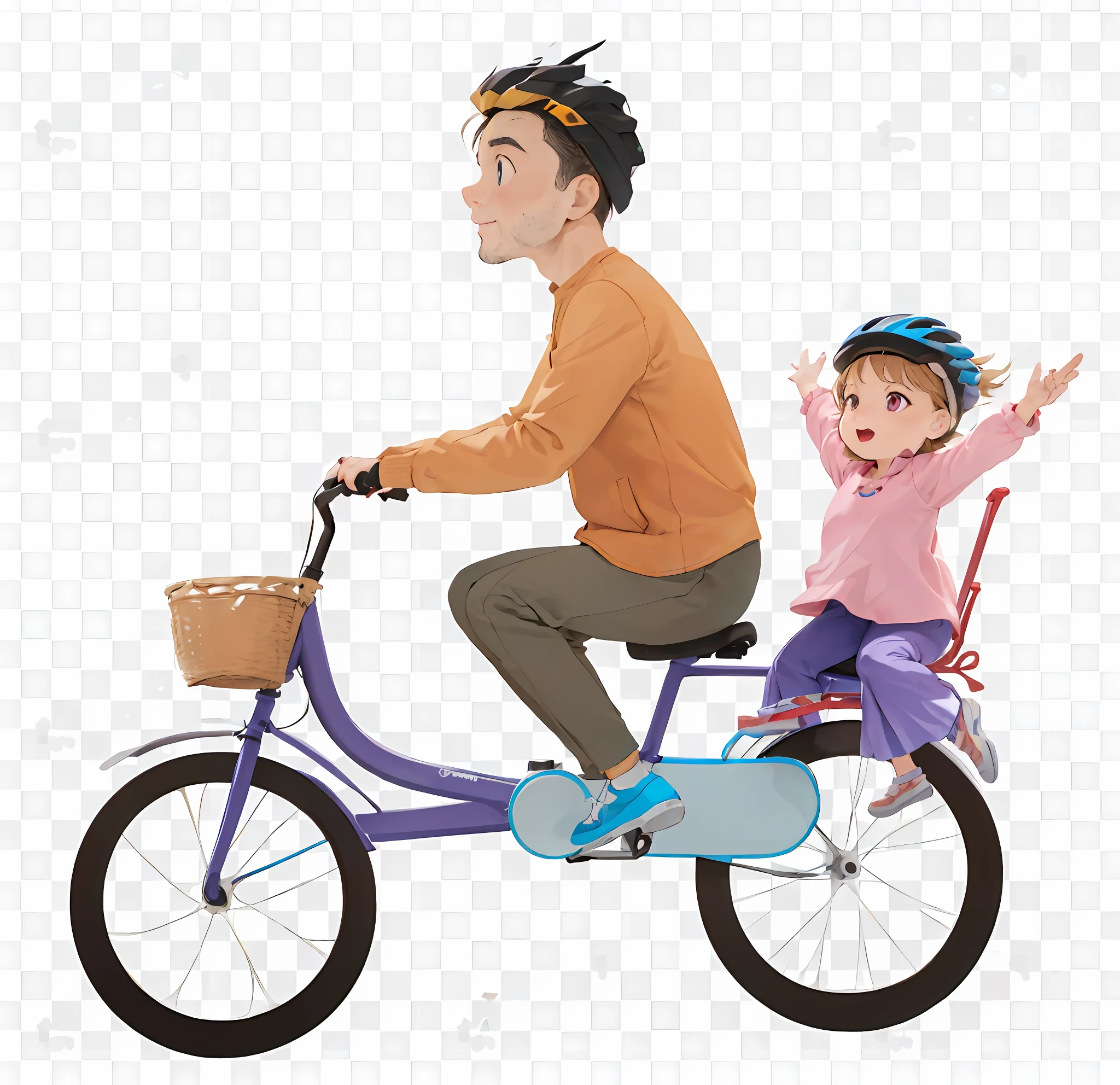 A cartoon of a man in a blue top riding a bike with a little girl on his back, riding a yellow bike, riding a yellow bike, riding a yellow bike!!, without a helmet, riding a bicycle, cartoon style illustration, father with child, exciting illustration, clipart, father, complete equipment, illustration", HD illustration, high quality illustration, 3 D CG, happy family, 🚿🗝📝 clipart
