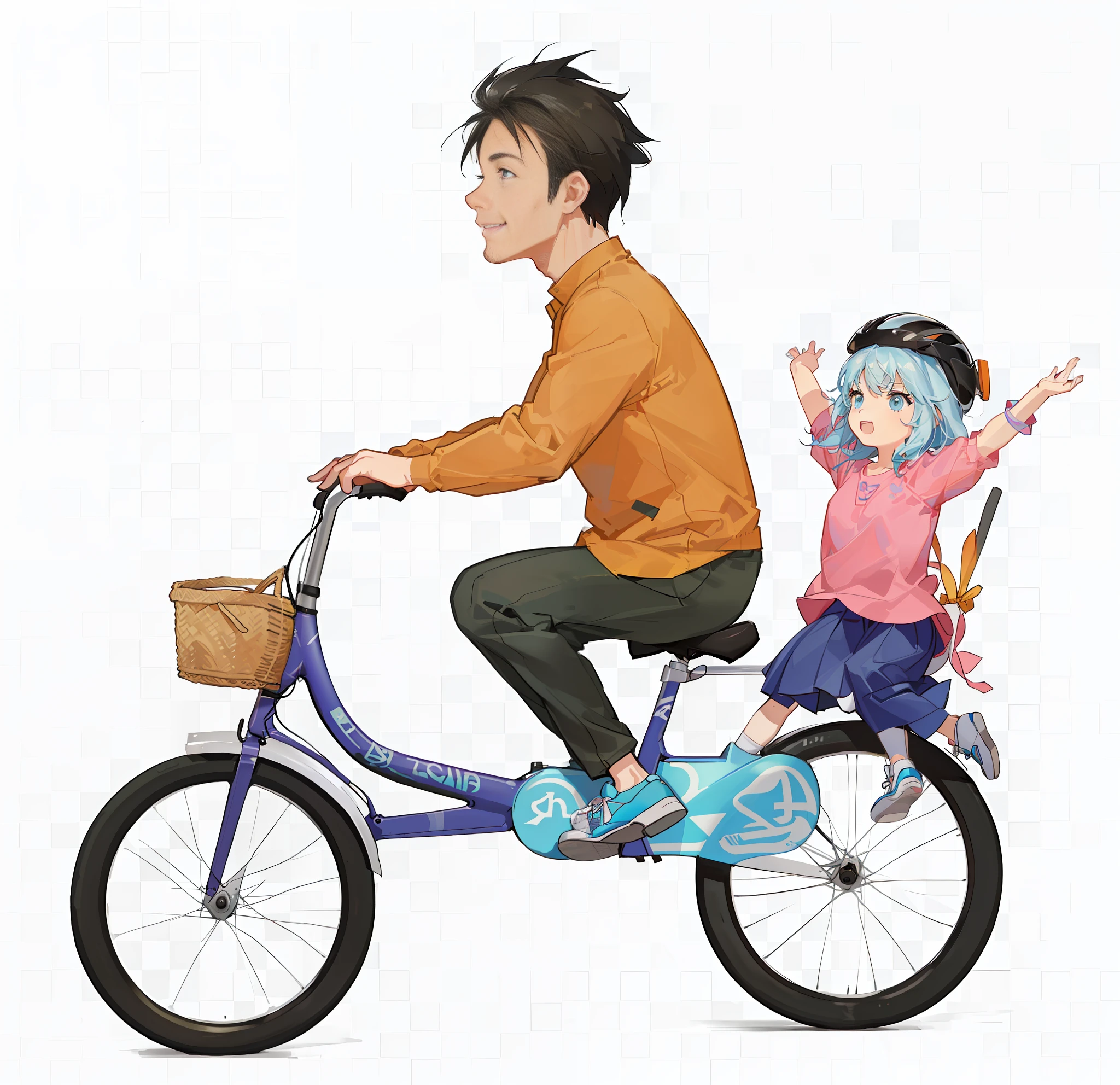A cartoon of a middle-aged man riding a bike with a on his back, riding a bicycle, riding a bicycle, riding a bicycle!!, without a helmet, cycling, cartoon style illustration, father with child, exciting illustration, clipart, father, complete equipment, illustration", hd illustration, high quality illustration, 2 D CG, happy family, 🚿🗝📝 clipart