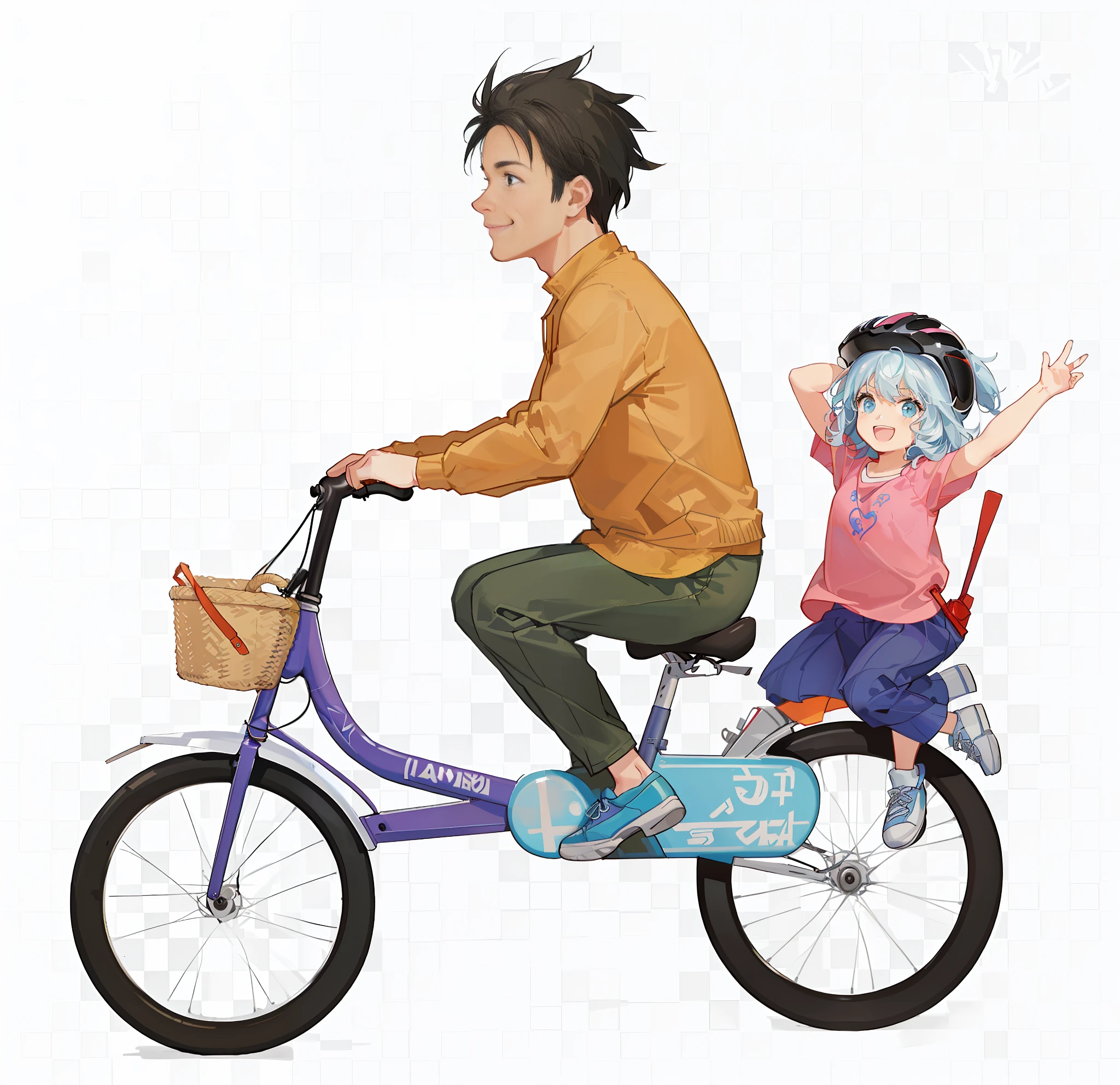 A cartoon of a middle-aged man riding a bike with a on his back, riding a bicycle, riding a bicycle, riding a bicycle!!, without a helmet, cycling, cartoon style illustration, father with child, exciting illustration, clipart, father, complete equipment, illustration", hd illustration, high quality illustration, 2 D CG, happy family, 🚿🗝📝 clipart