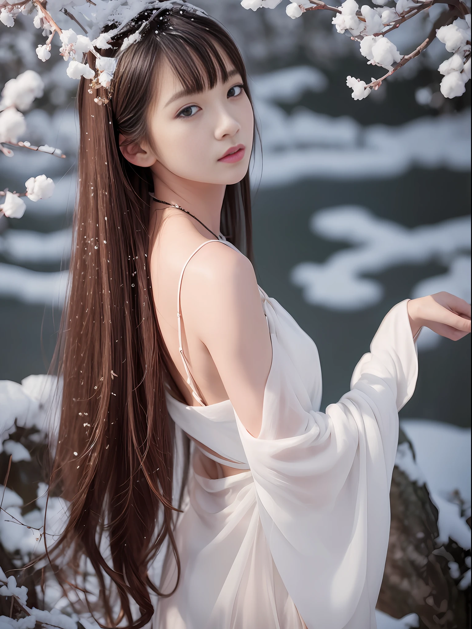 best quality,masterpiece, high resolution,realistic,high detail, RAW, color photo,wallpaper, depth of field,modelshoot style,focus on girl,.1girl,solo,upper body,gorgeous face,(symmetrical freckles:1.1),hanfu,(off shoulder),(from behind,looking back:1.2),long hair, brown hair, big shiny water eyes, hair ornament,jewelry,natural pose,.plum flower,(tree branch,snow:1.2),.bright light,Film camera,.VSCO,16K,HDR, highres,(grainy textures),IS0 200,.