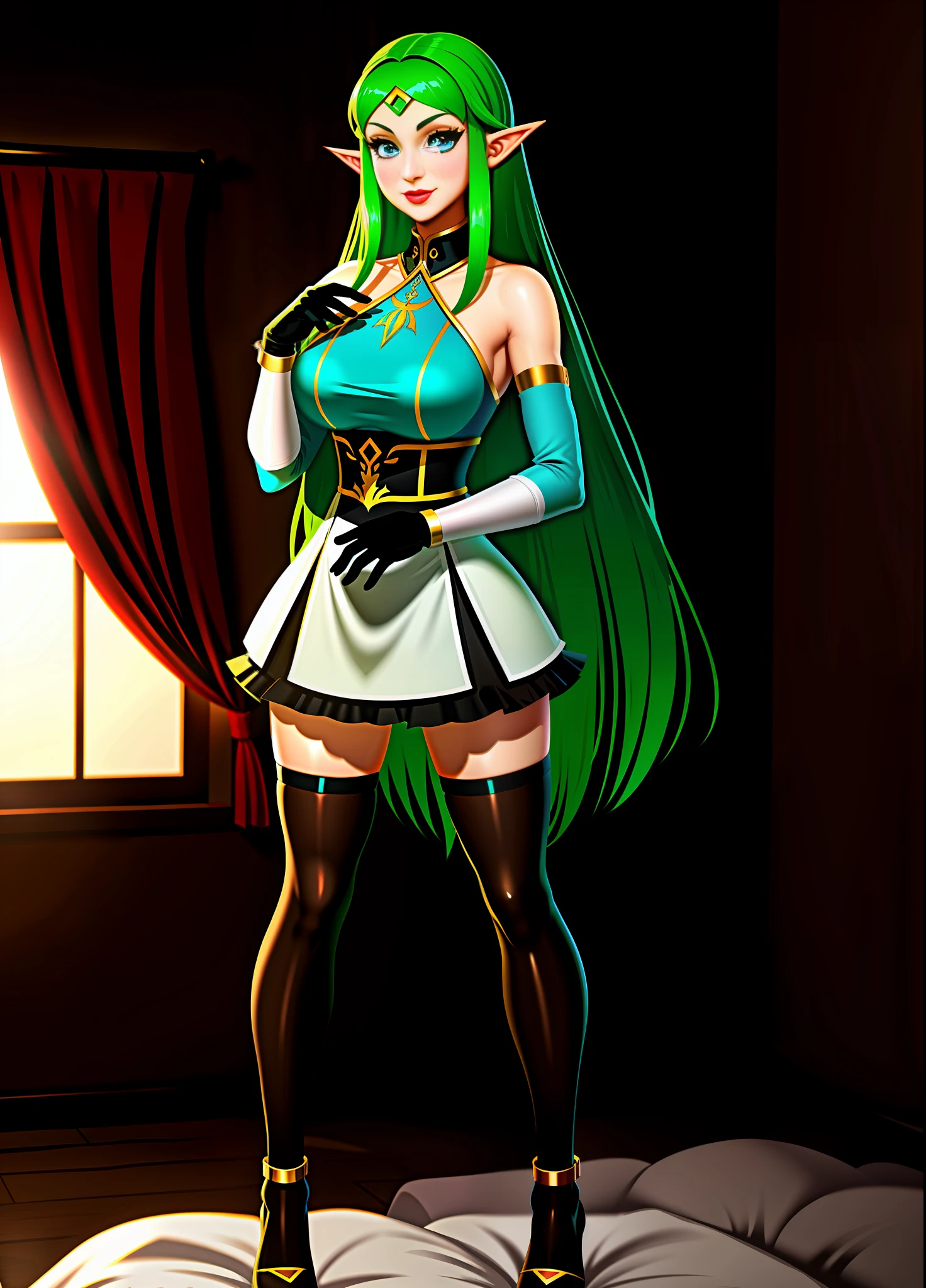 ((full body photo)), Princess Zelda in hybrid maid costume and Mega Man-X+ (black: 10.0), XL bust, very tight clothes on her body, she is exhibitionist, she is in a hotel all broken with the bed totally covered in blood, she has green hair, blue eyes, she is looking at the viewer with a macabre smile on her face,   she's holding an exorcism artifact in her right hand, Anime-style, Unreal Engine 5, Mortal Kombat, Masterpiece, (16k:1.5)